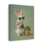 Green Bunny Canvas Wall Art — Photographer Bunny with Carrots & Ice Cream