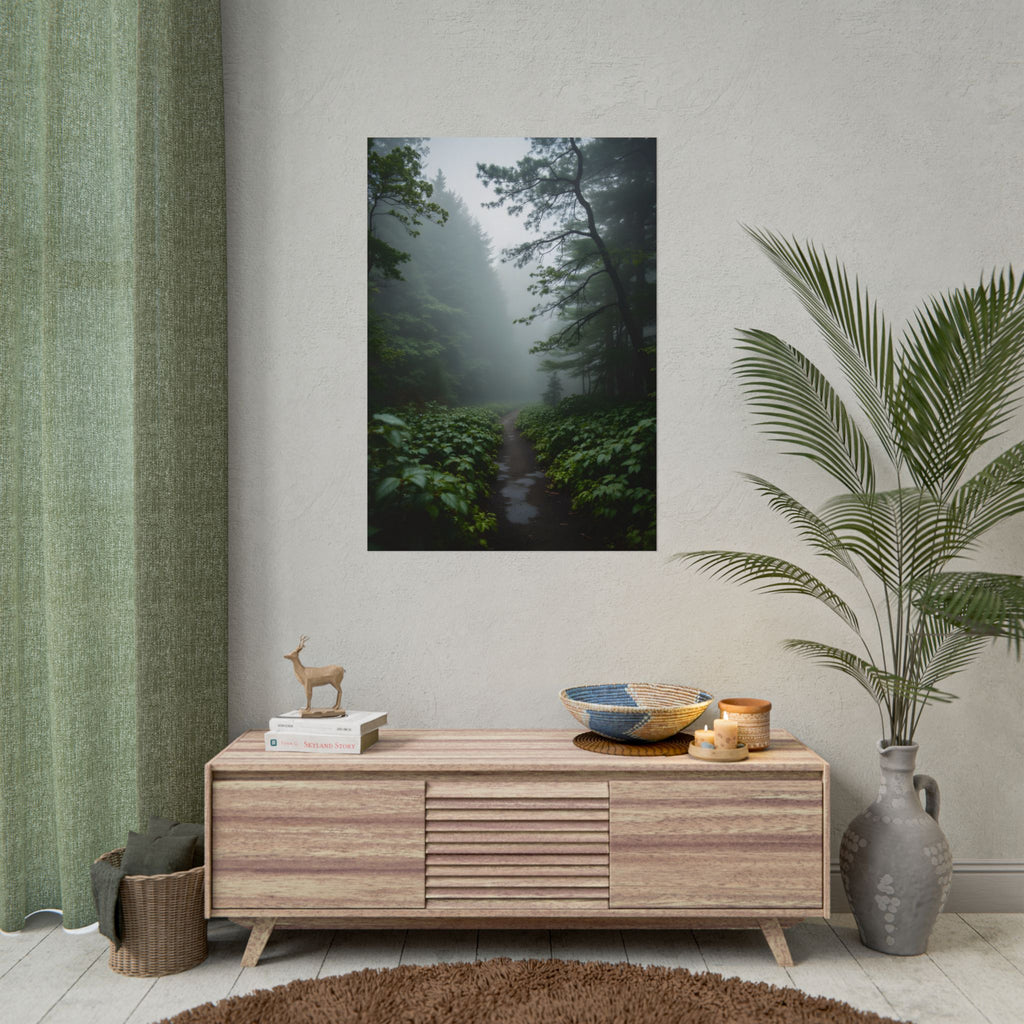 Muurdecoratie met een mistig bospad - Poster 