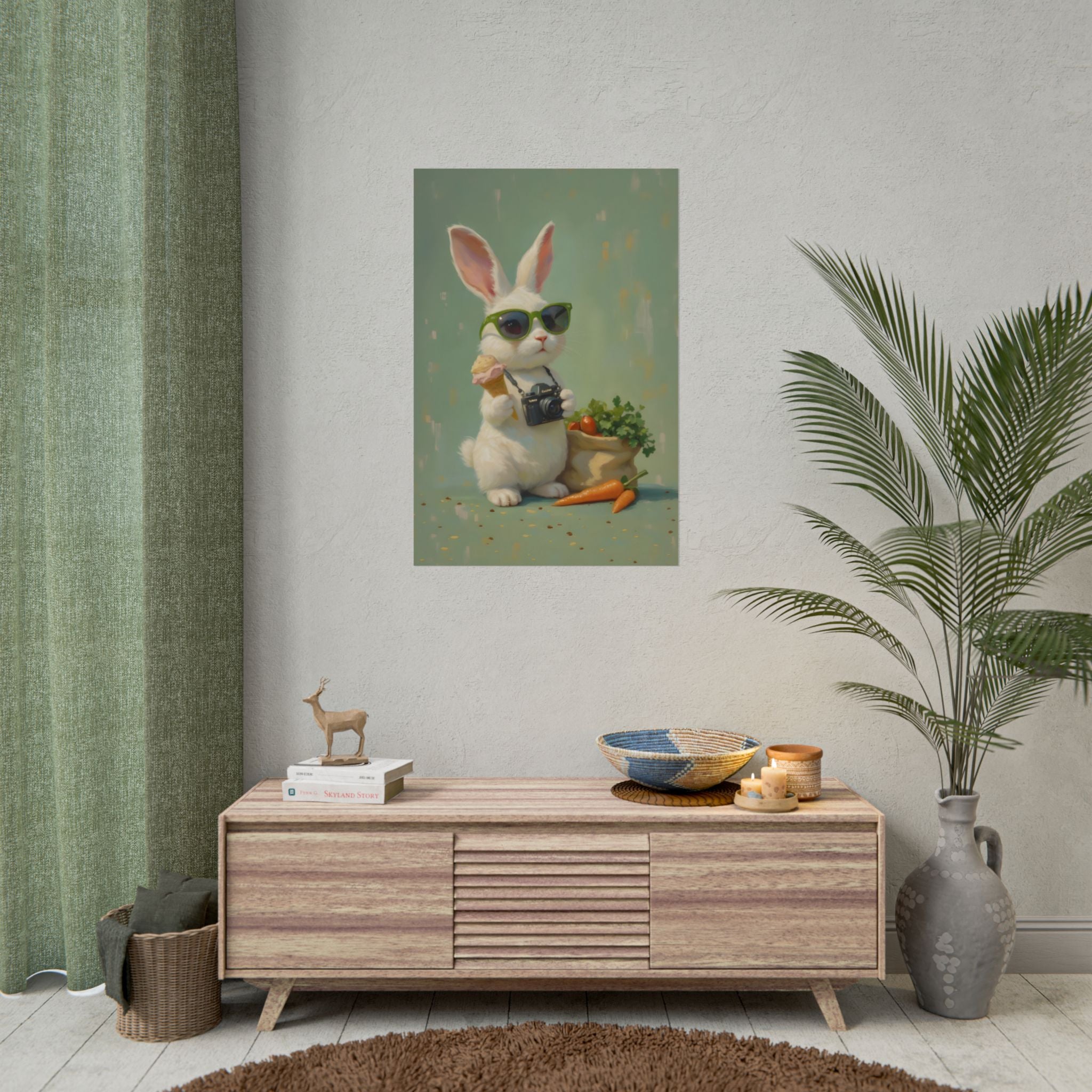 Green Bunny Rolled Poster — Cool Bunny with Camera Art Print
