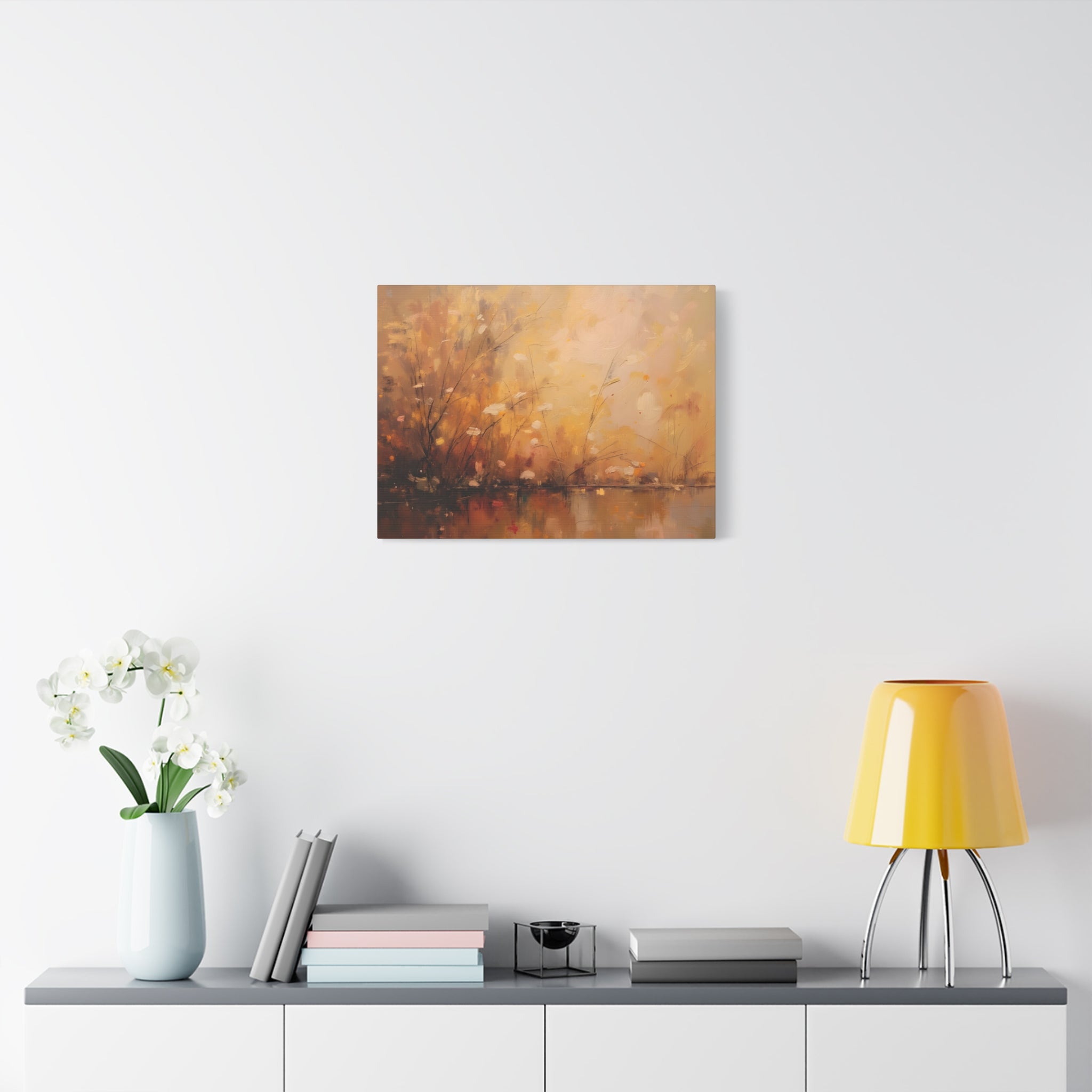 Abstracte muurdecoratie met gouden weidemotief - opgespannen canvas 