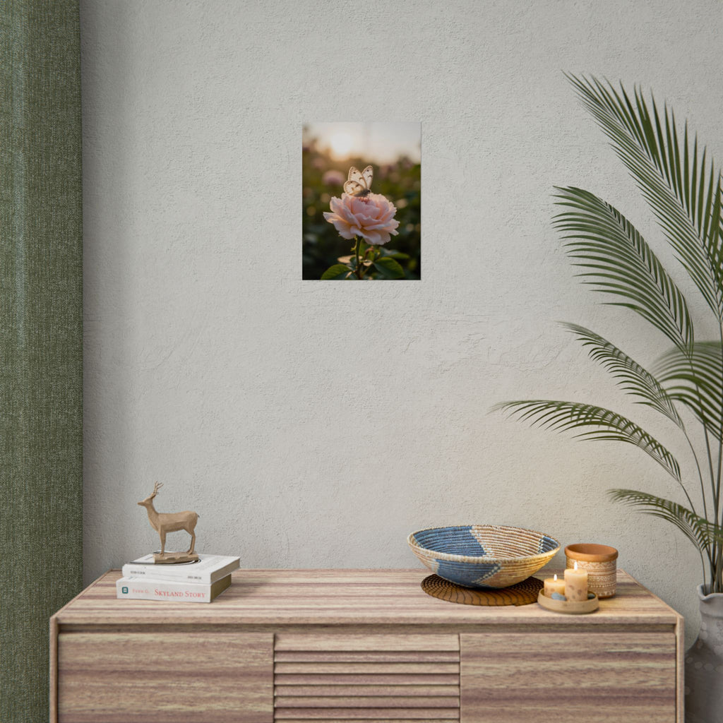 Muurposter met vlinder op roze roos 