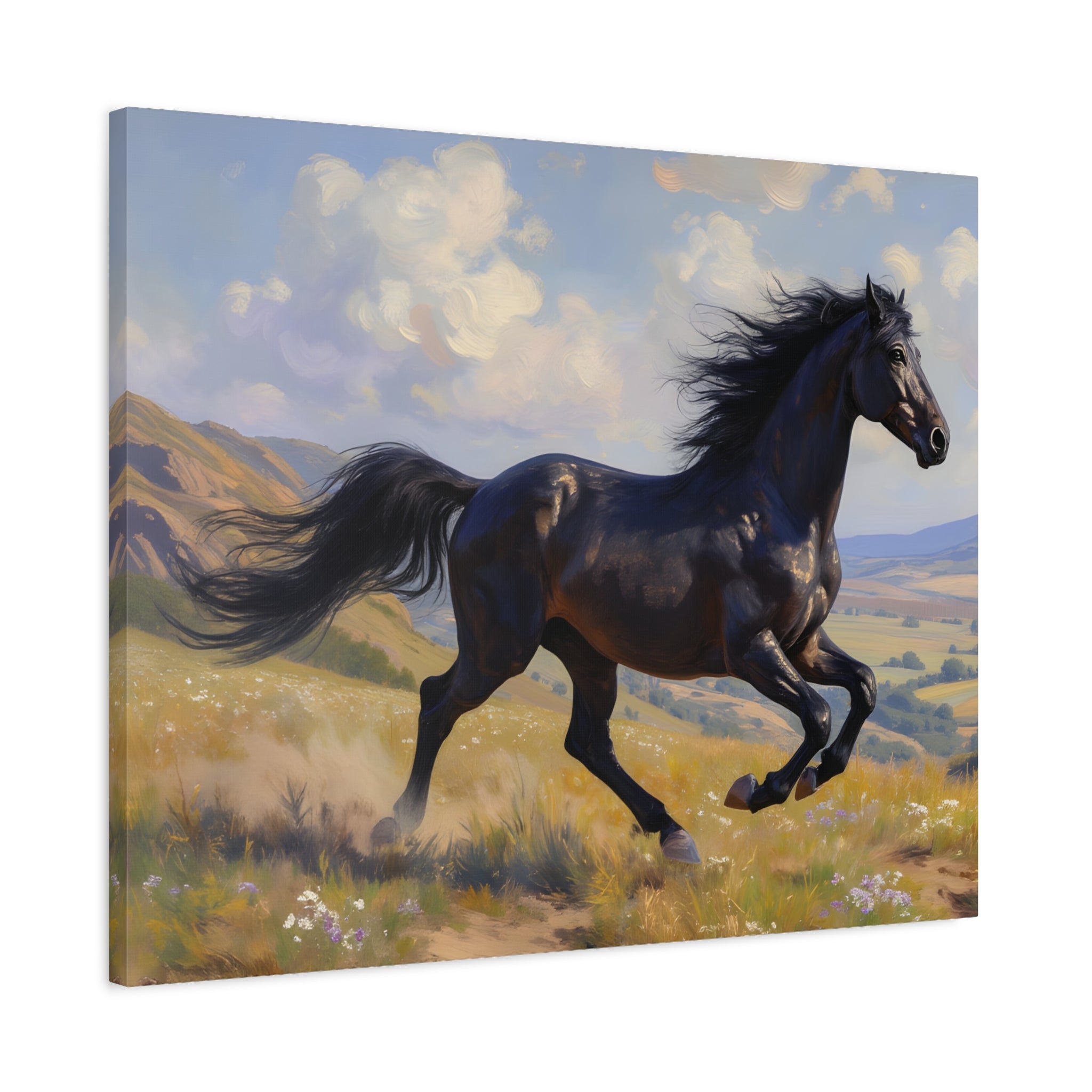 Muurdecoratie met een rennende zwarte hengst - Paardenschilderij - Gespannen canvas 