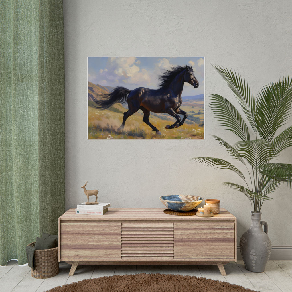 Muurdecoratie met rennende zwarte hengst - Paardenschilderij - Poster 