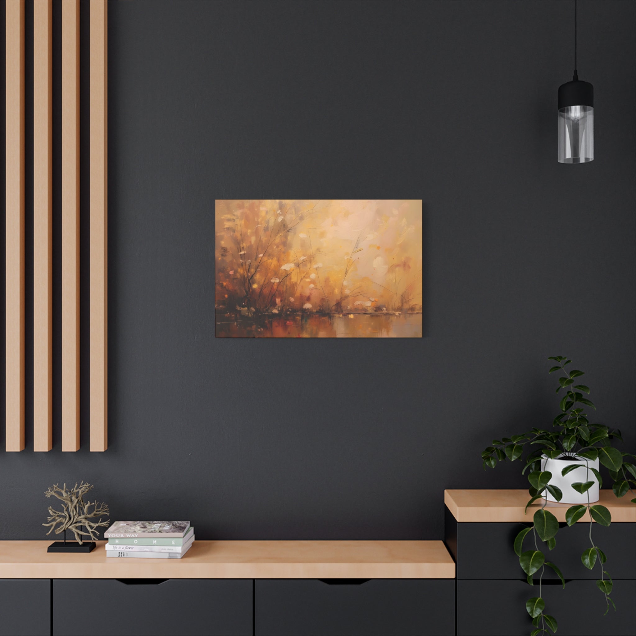 Abstracte muurdecoratie met gouden weidemotief - opgespannen canvas 