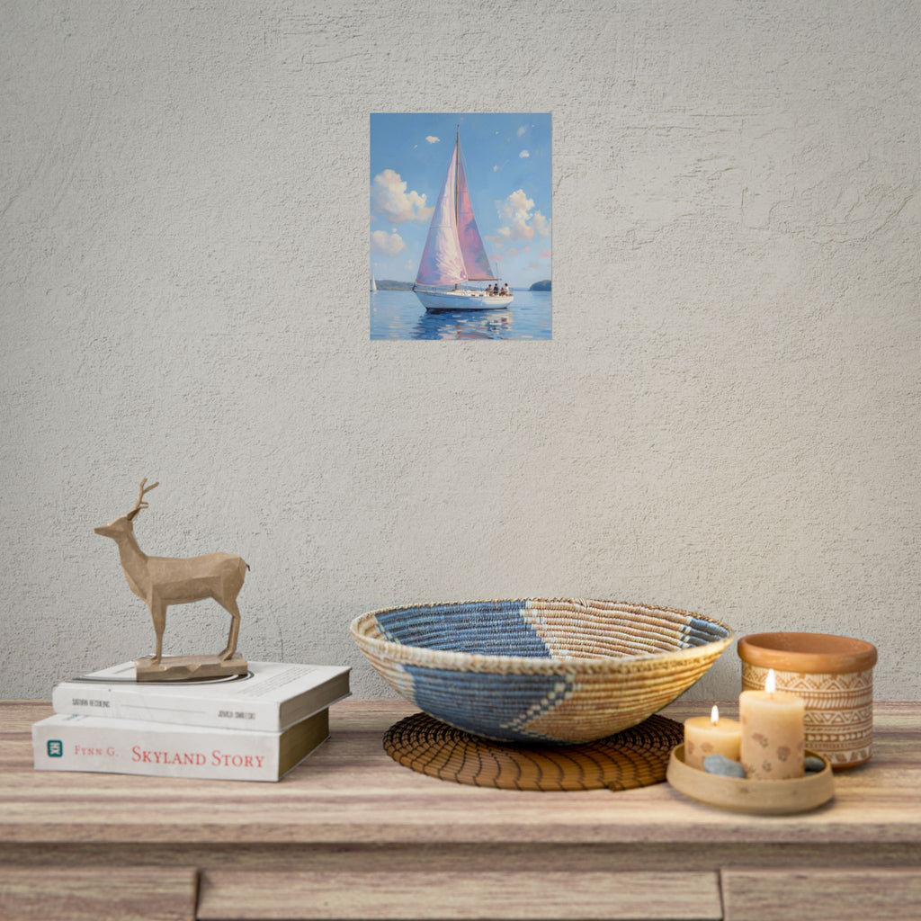 Zeilboot op kalm water met roze accenten - Poster 