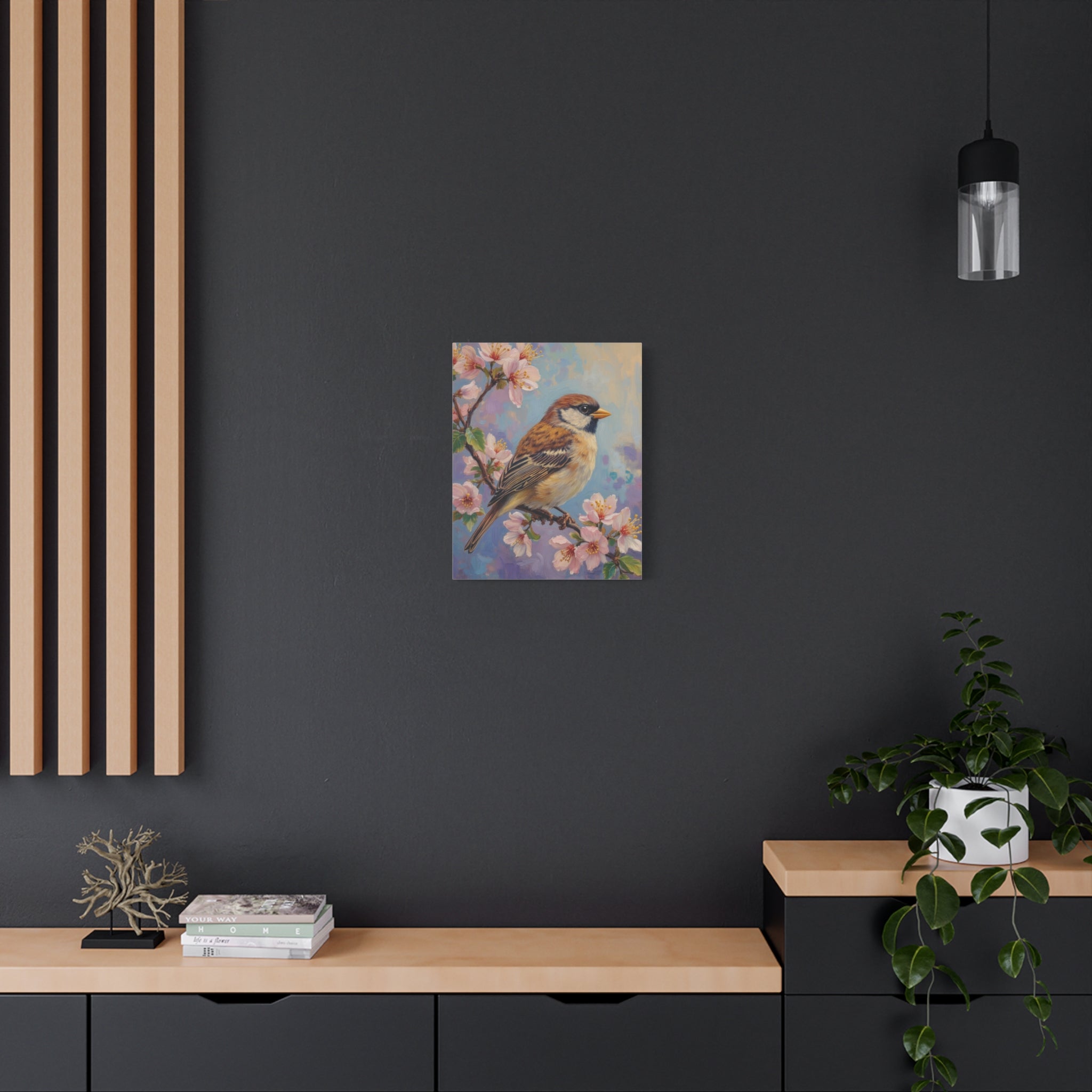 Sparrow on Cherry Blossoms Matte Stretched Canvas