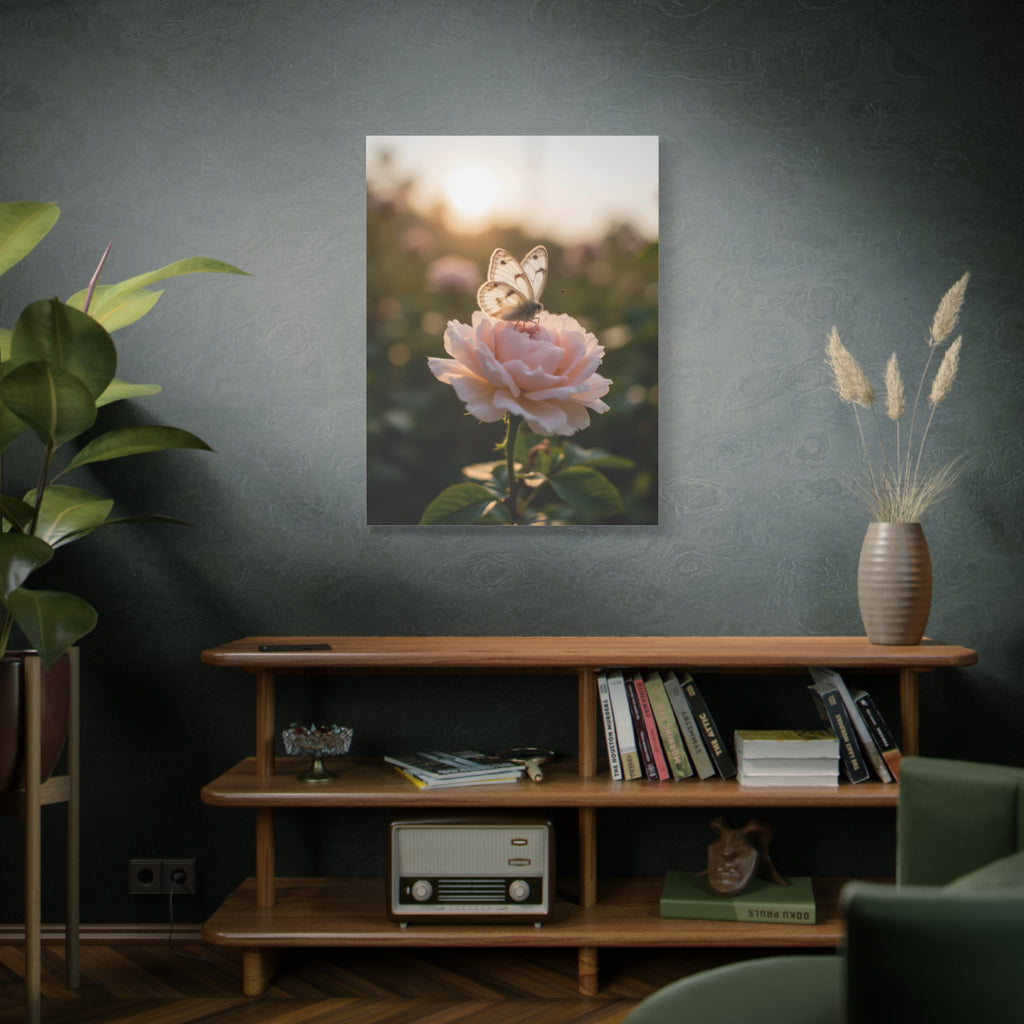 Butterfly on Pink Rose Wall Art - Stretched Canvas