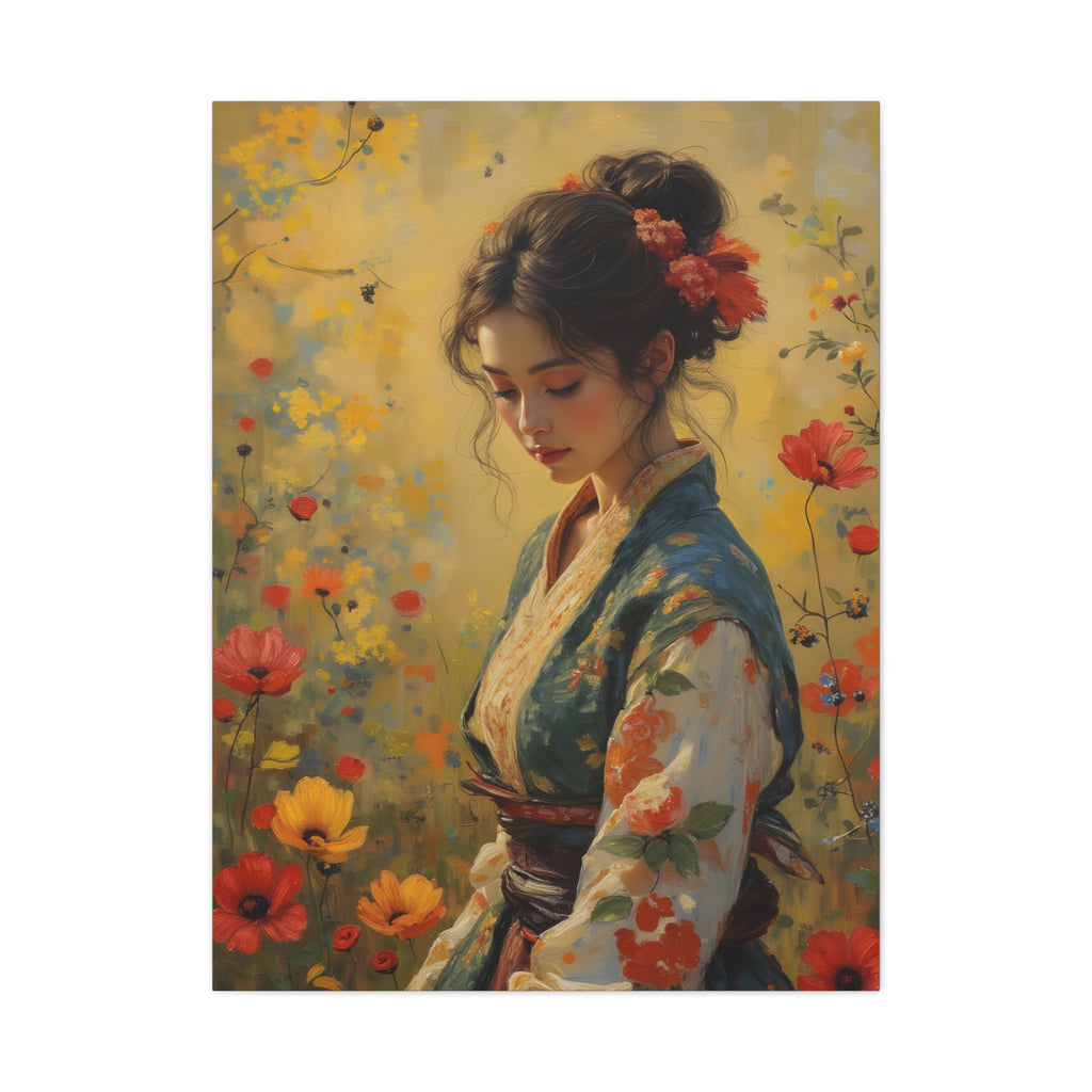 Asiatische Blumen-Dame, matte Leinwand-Wandkunst
