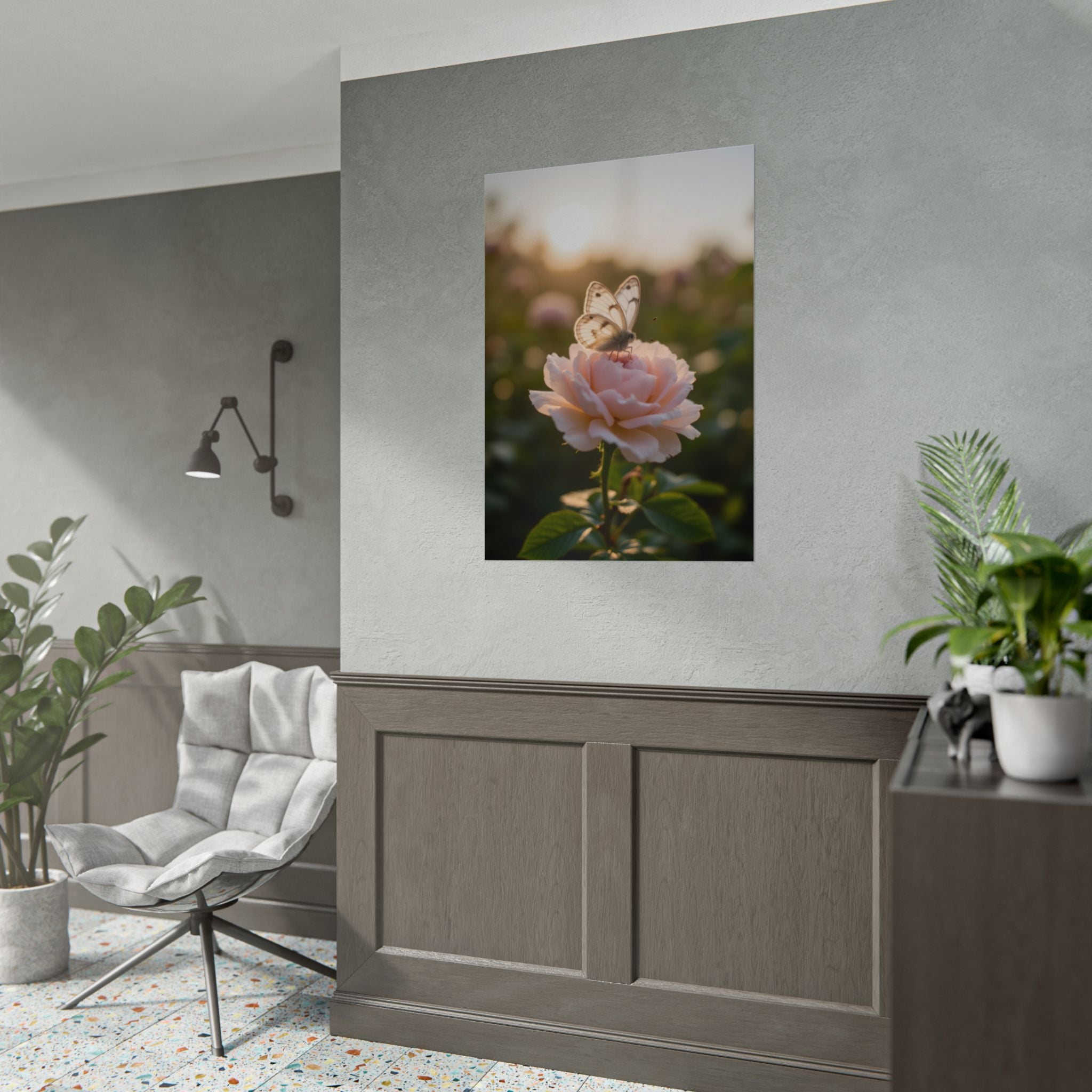 Muurposter met vlinder op roze roos 