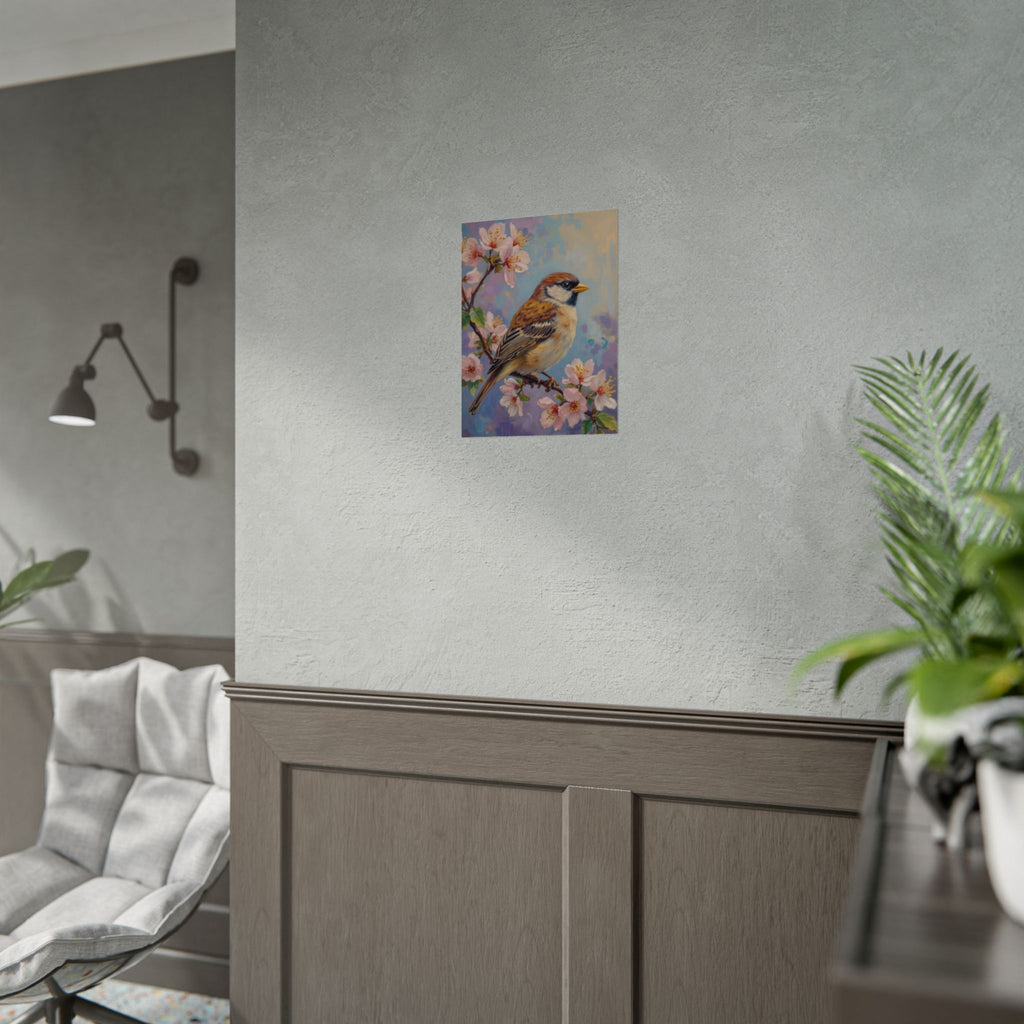 Bird on Blossom Rolled Poster — Spring Sparrow on Branch Wall Art Print