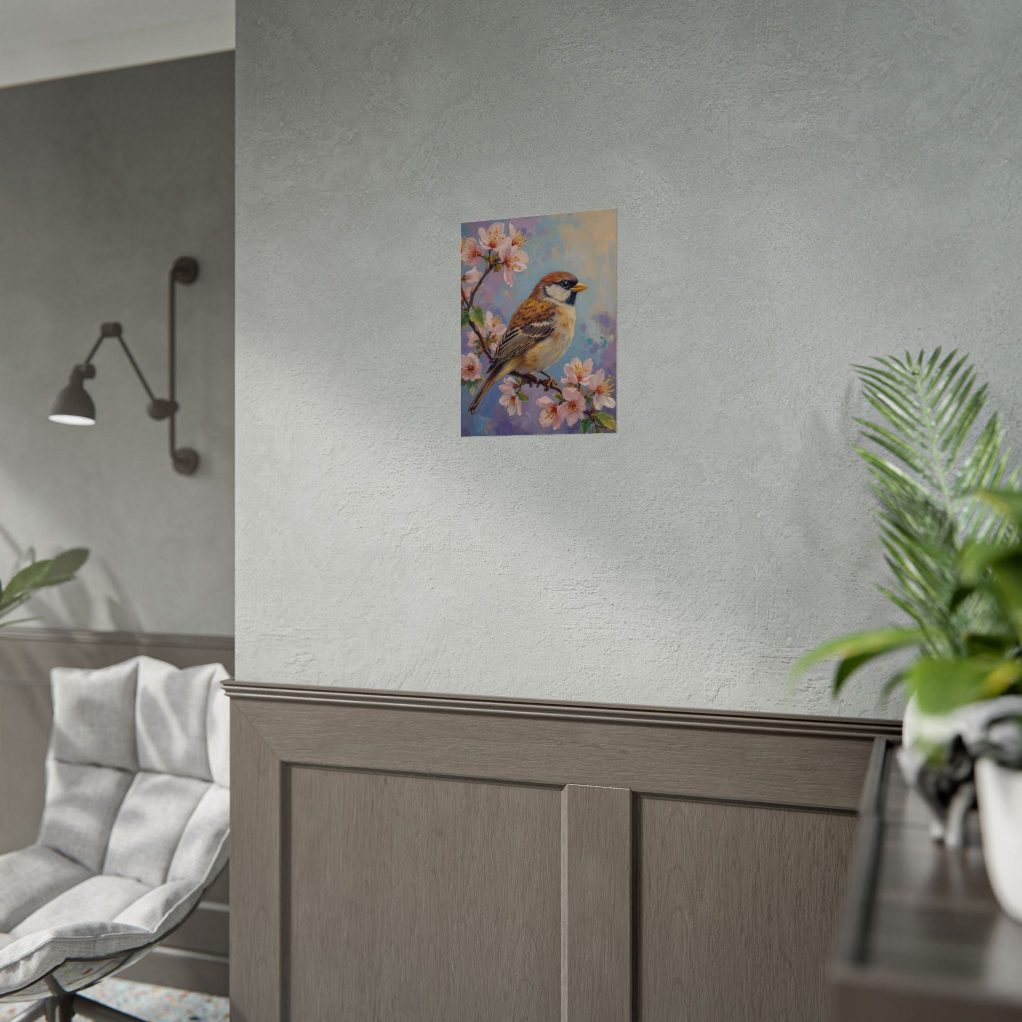 Bird on Blossom Rolled Poster — Spring Sparrow on Branch Wall Art Print
