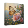 Muurdecoratie met vlinder op een roze roos - Gespannen canvas 
