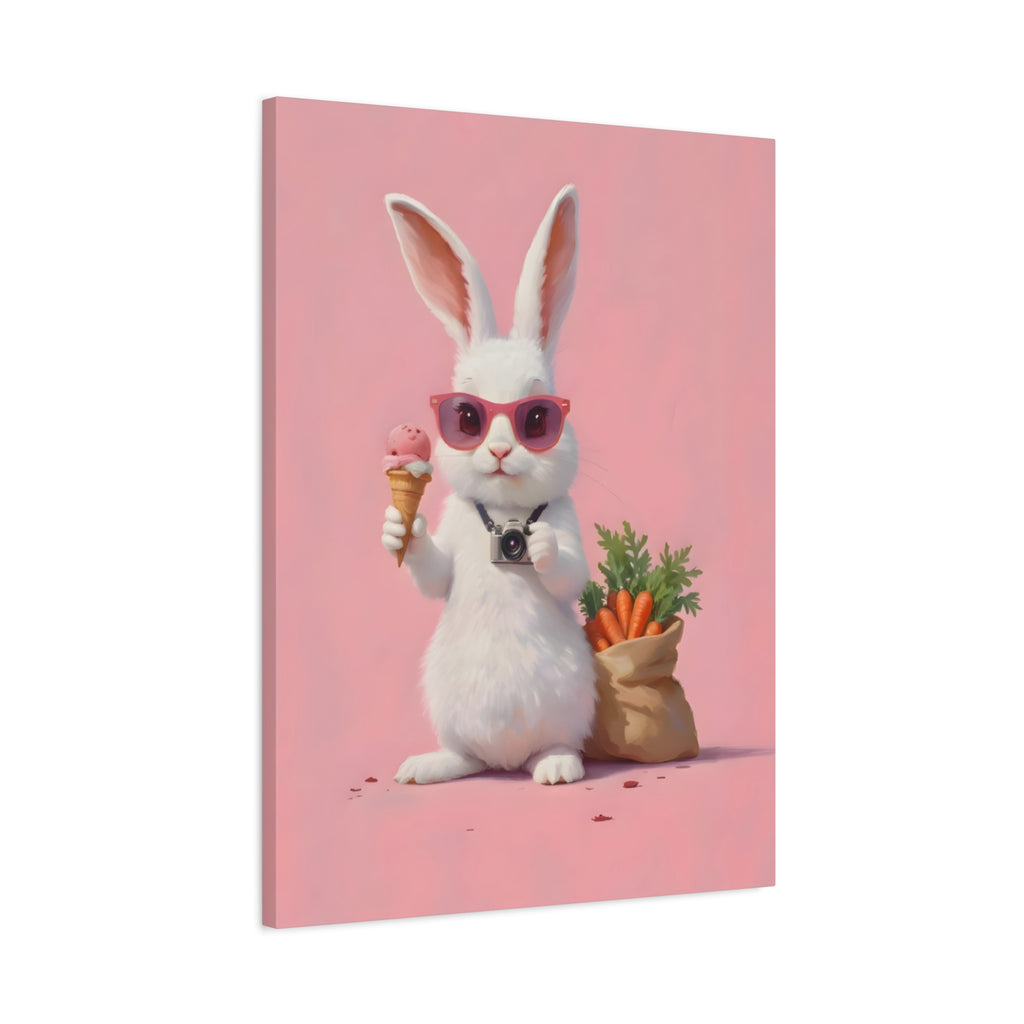 Pink Cute Bunny Canvas Wall Art — Cool Rabbit with Sunglasses, Ice Cream & Carrots (Matte Stretched)