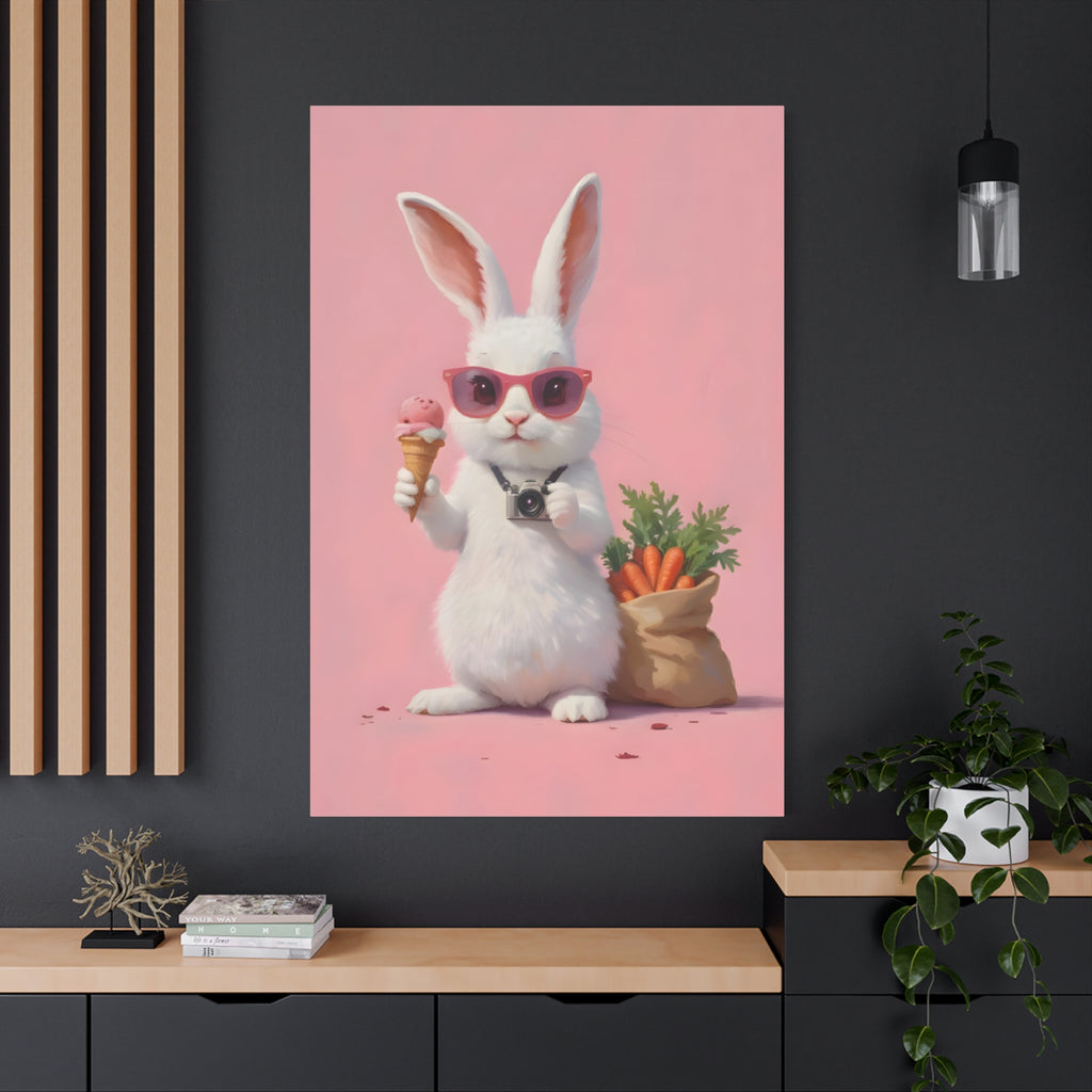 Pink Cute Bunny Canvas Wall Art — Cool Rabbit with Sunglasses, Ice Cream & Carrots (Matte Stretched)