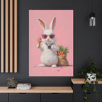 Pink Cute Bunny Canvas Wall Art — Cool Rabbit with Sunglasses, Ice Cream & Carrots (Matte Stretched)