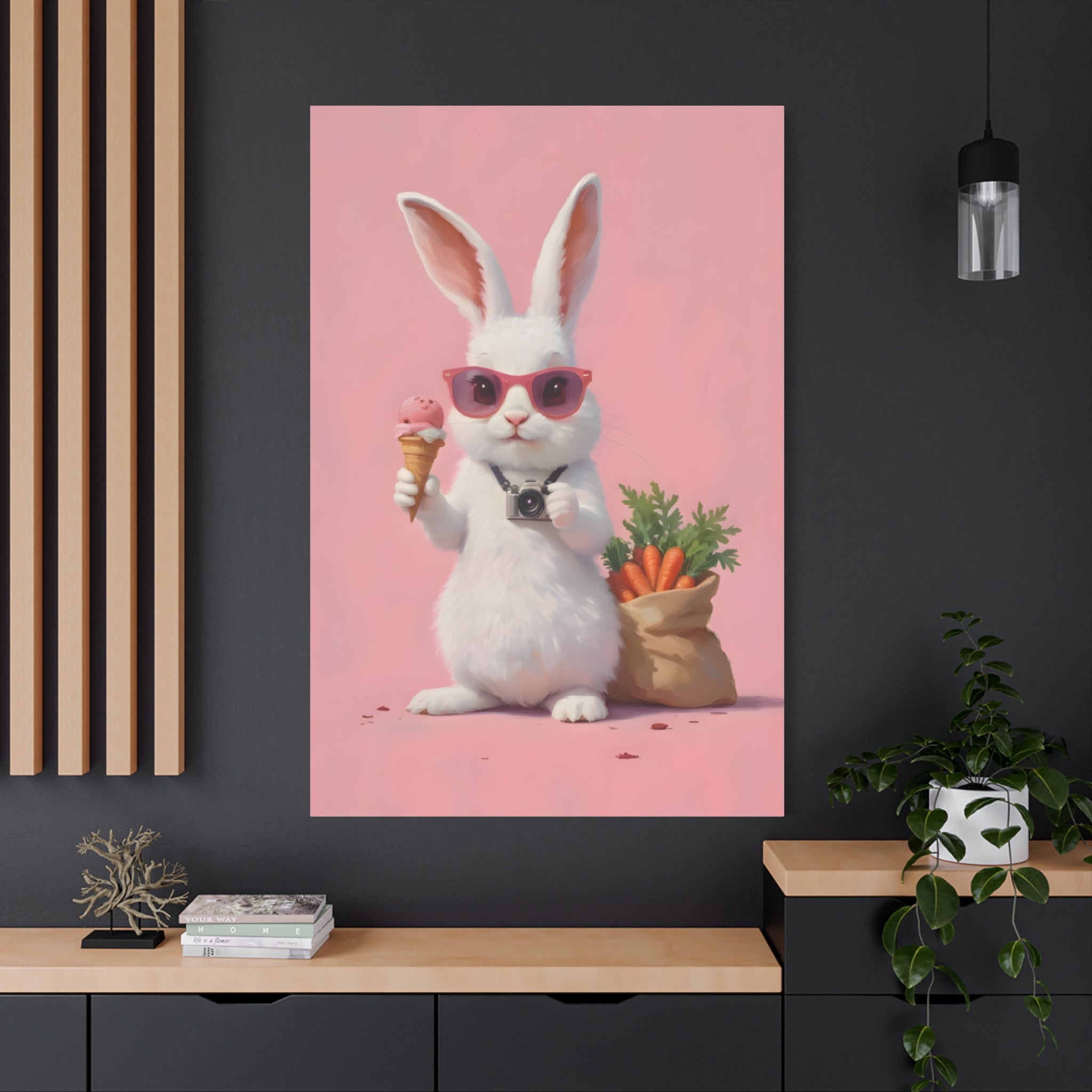 Pink Cute Bunny Canvas Wall Art — Cool Rabbit with Sunglasses, Ice Cream & Carrots (Matte Stretched)