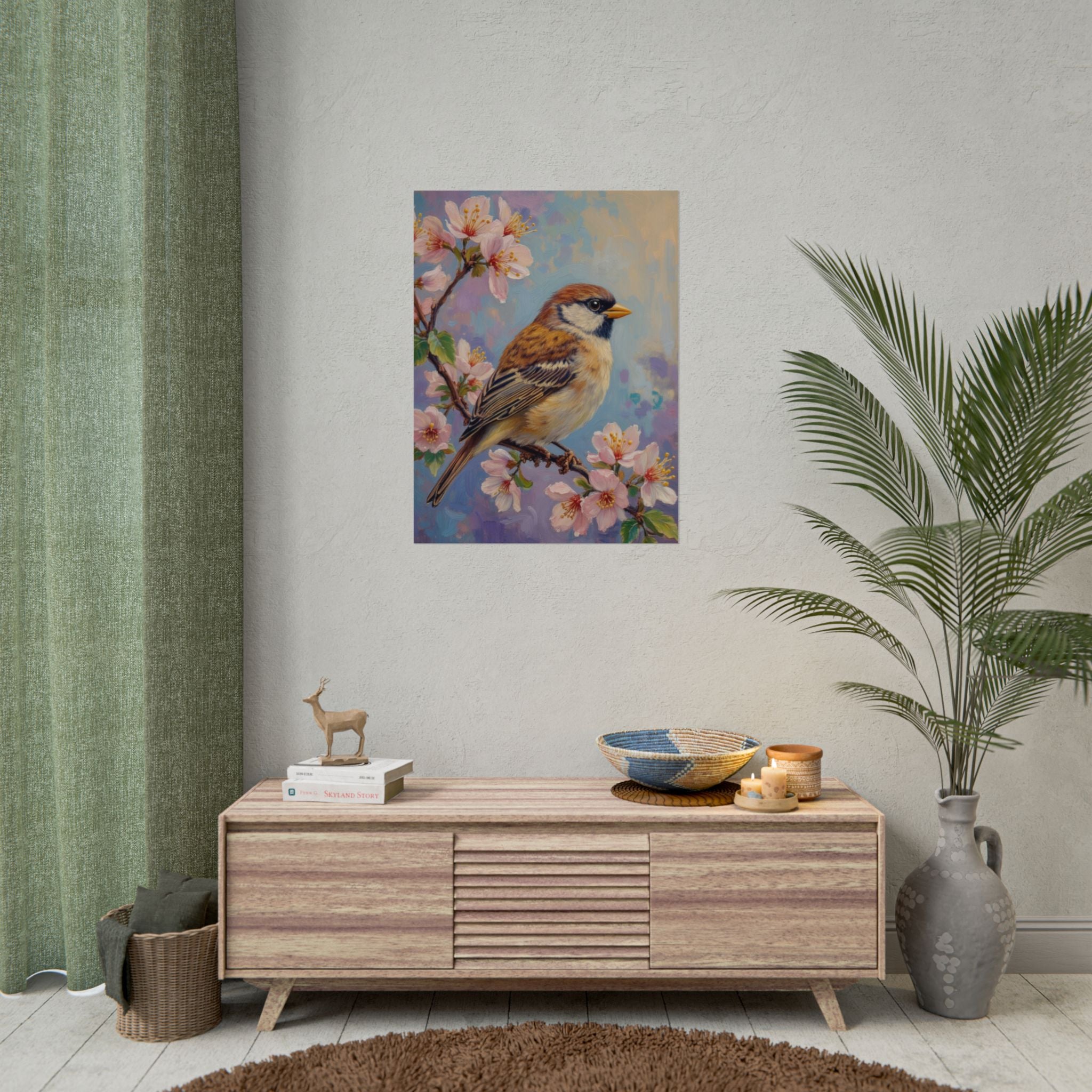 Bird on Blossom Rolled Poster — Spring Sparrow on Branch Wall Art Print
