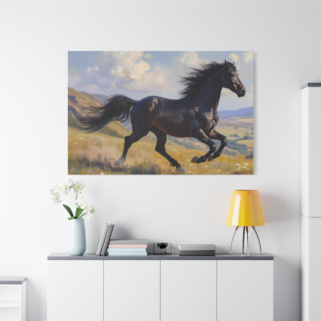 Muurdecoratie met een rennende zwarte hengst - Paardenschilderij - Gespannen canvas 