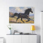 Muurdecoratie met een rennende zwarte hengst - Paardenschilderij - Gespannen canvas 