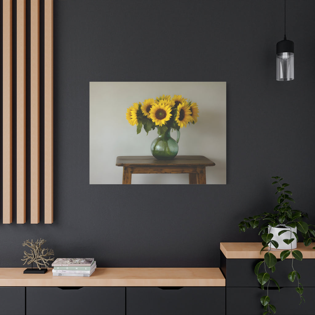 Zonnebloemen in een groene kruik als wanddecoratie - Gespannen canvas 