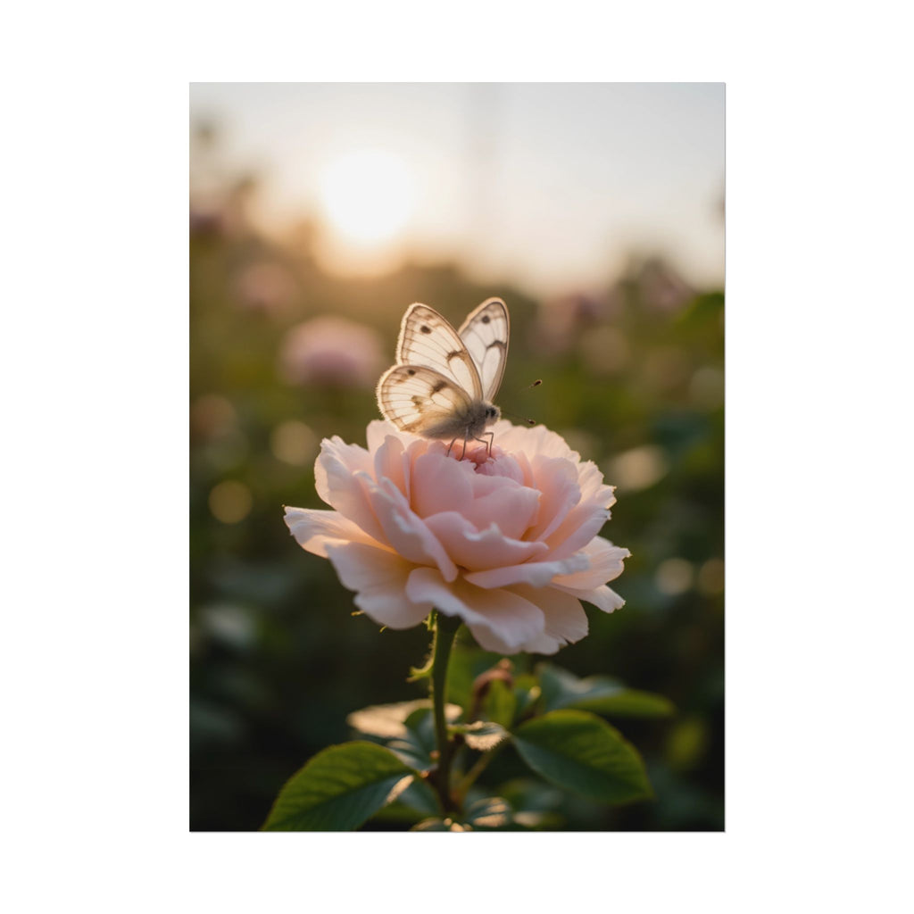 Muurposter met vlinder op roze roos 