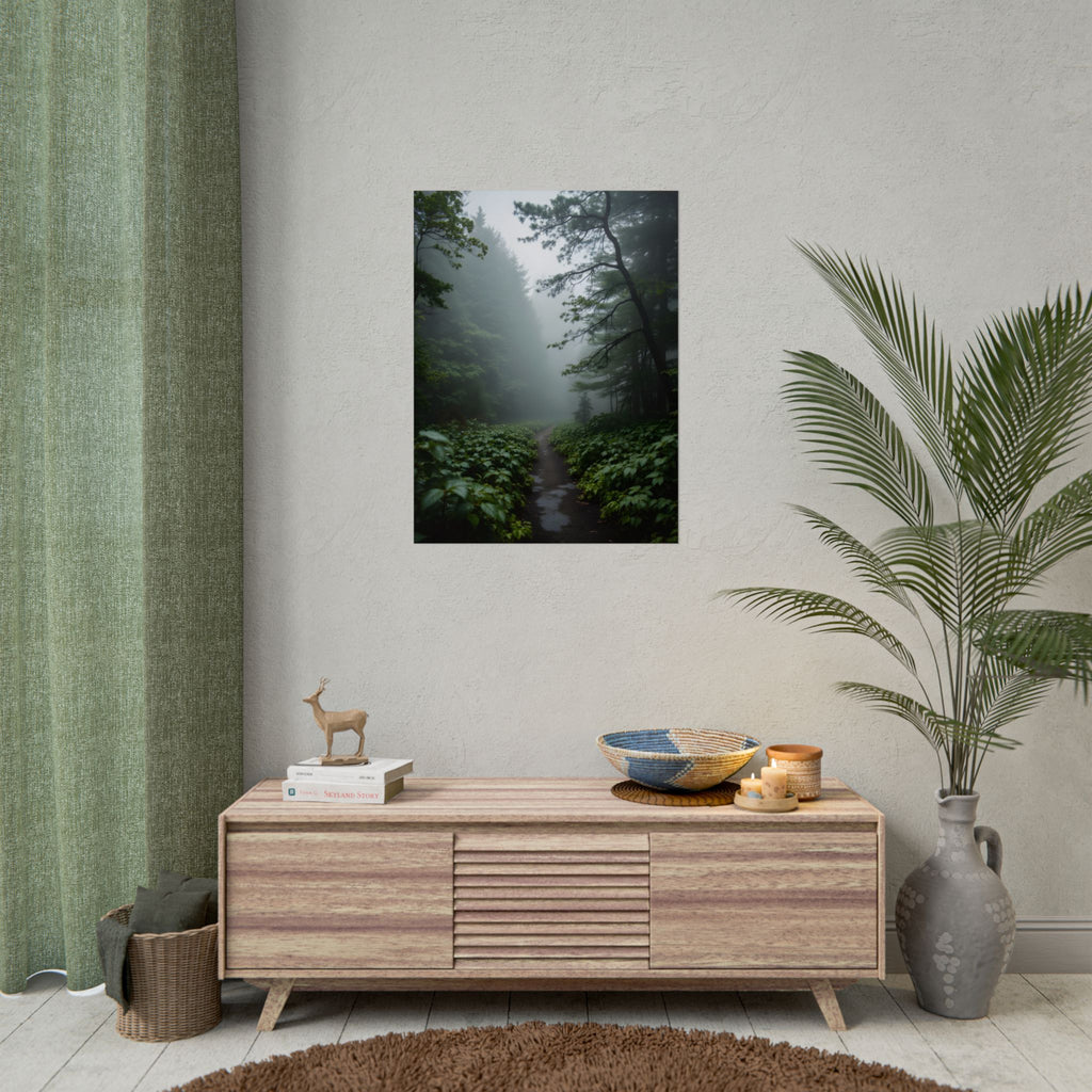 Muurdecoratie met een mistig bospad - Poster 