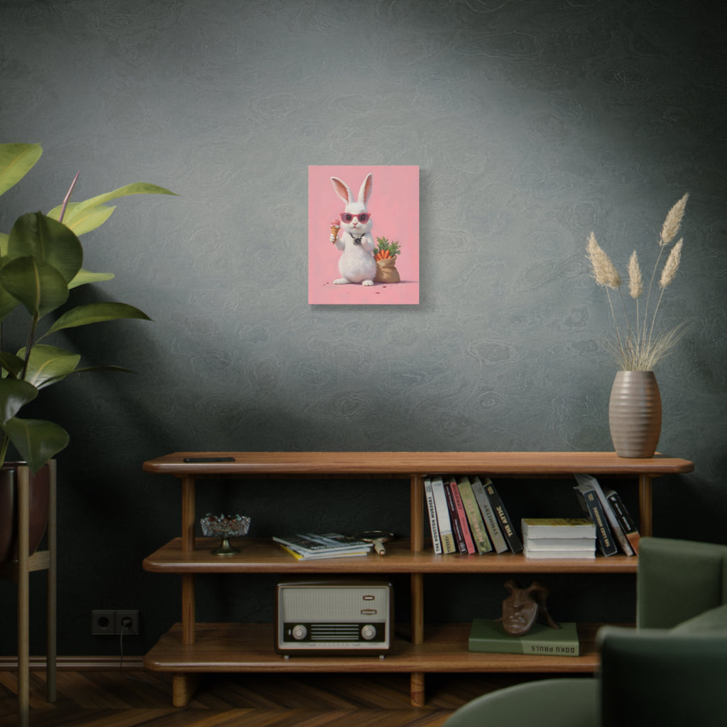 Pink Cute Bunny Canvas Wall Art — Cool Rabbit with Sunglasses, Ice Cream & Carrots (Matte Stretched)
