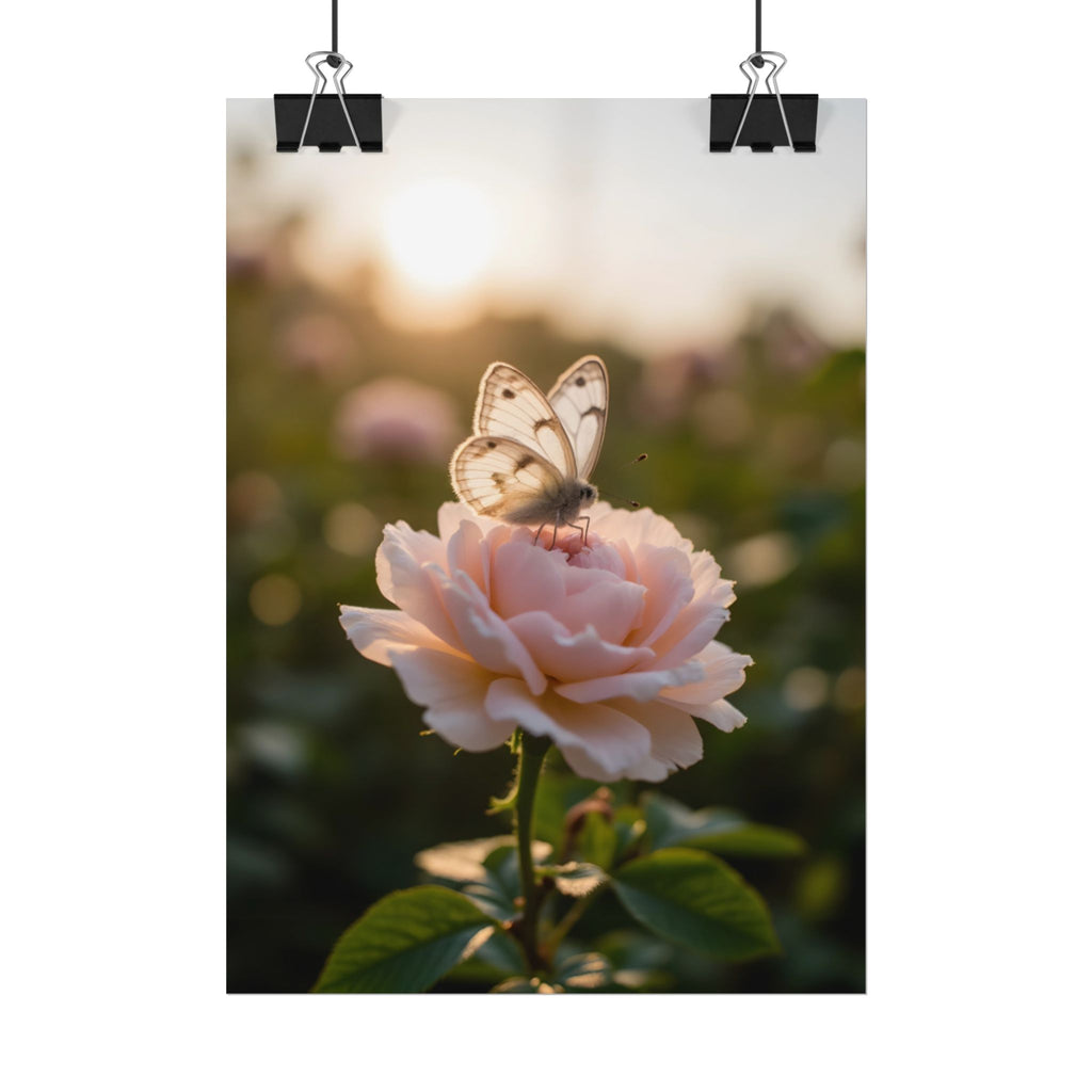 Muurposter met vlinder op roze roos 