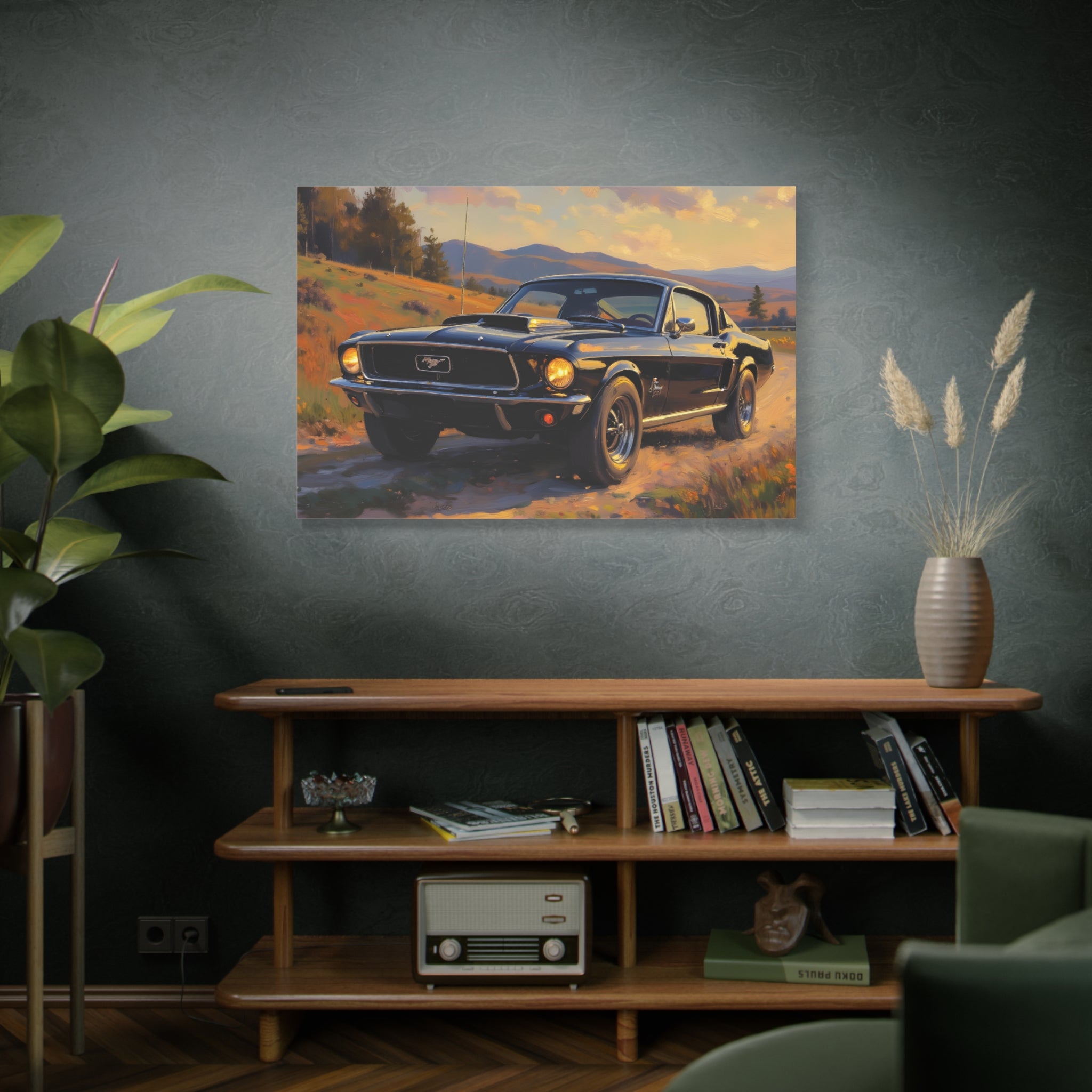 Vintage Mustang Sonnenuntergangs-Wandbild – Klassisches Muscle-Car – Leinwand 