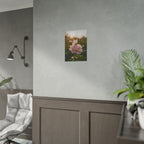 Muurposter met vlinder op roze roos 