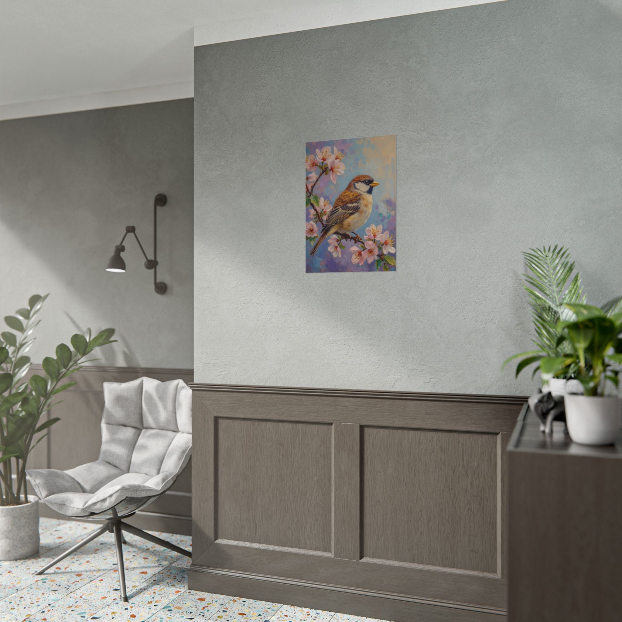 Bird on Blossom Rolled Poster — Spring Sparrow on Branch Wall Art Print