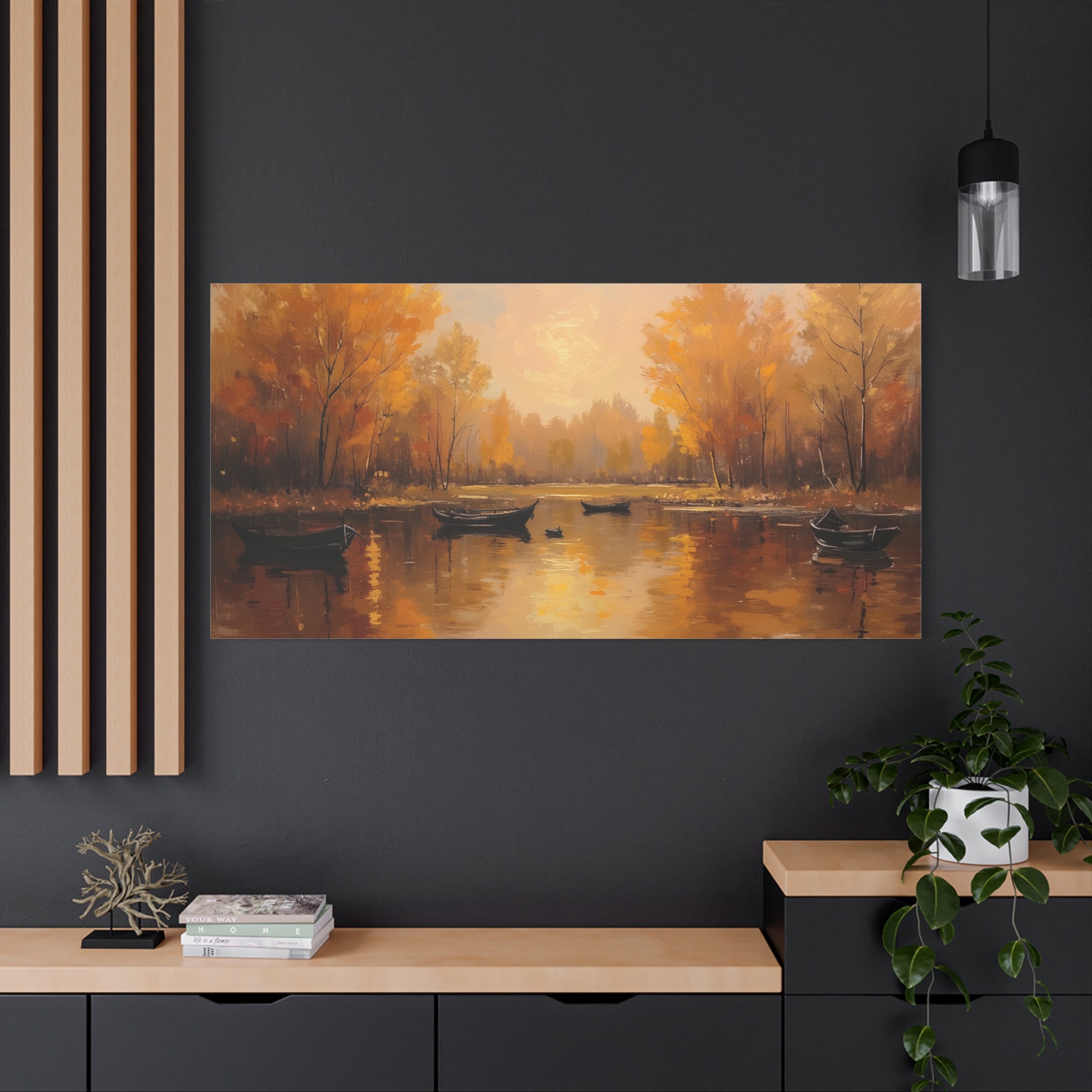 Herfst aan het meer met roeiboten Muurdecoratie - Gespannen canvas 