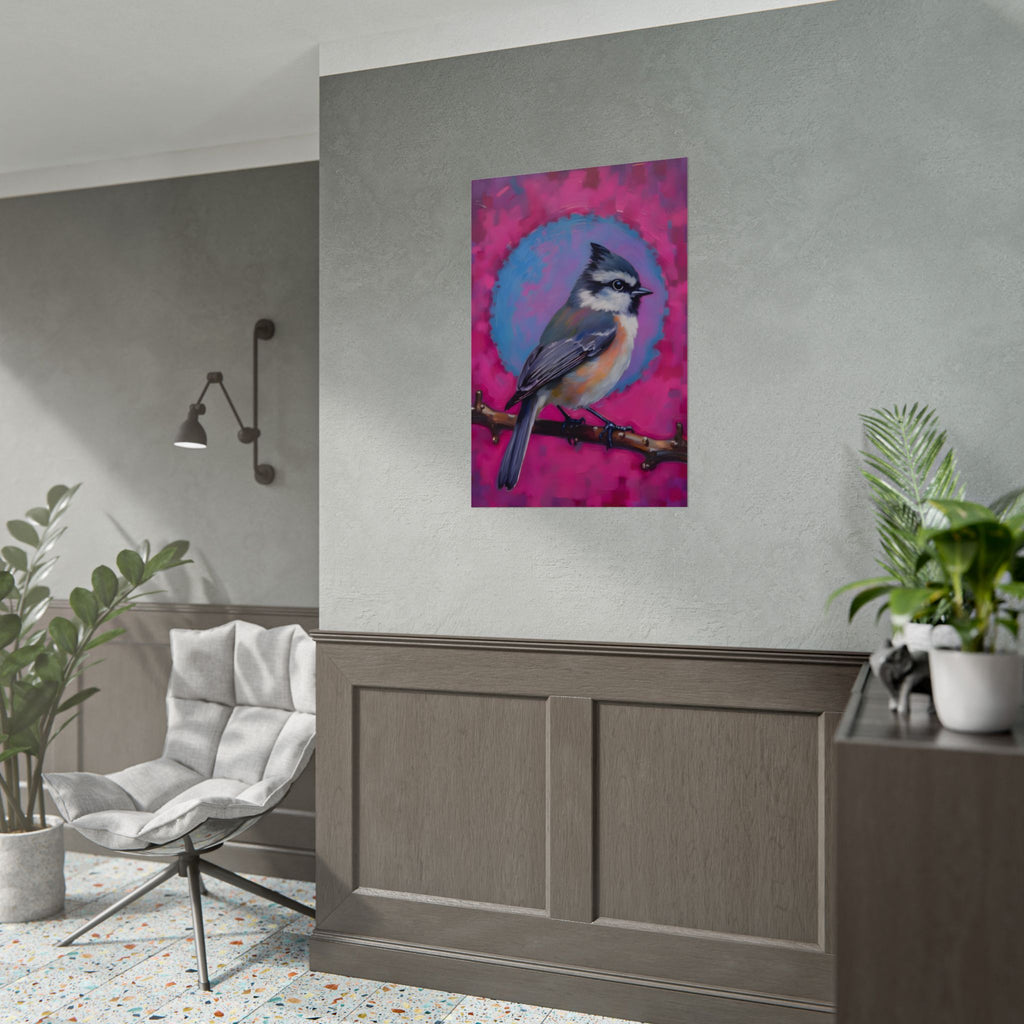 Kleurrijke Zangvogel Poster — Blauwe Gaai Kunstprint op Levendige Roze Achtergrond