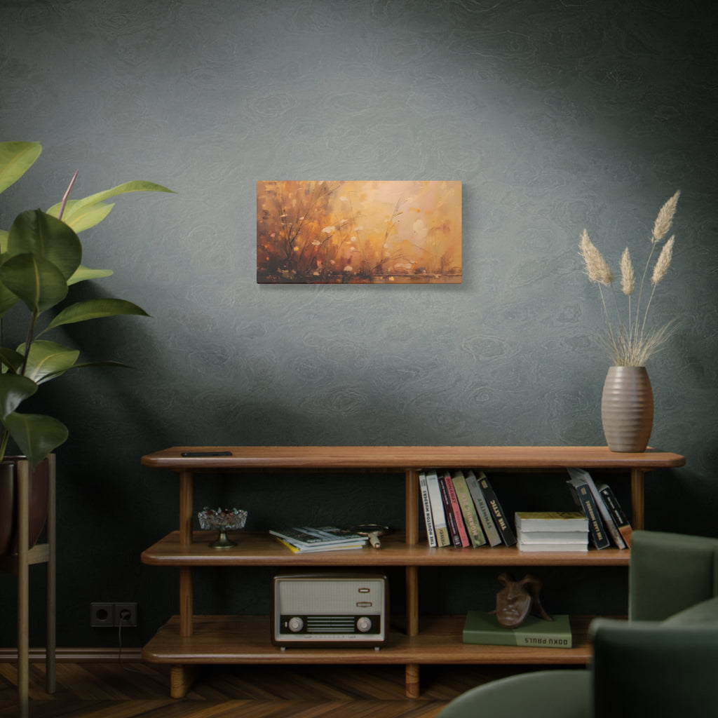 Abstracte muurdecoratie met gouden weidemotief - opgespannen canvas 
