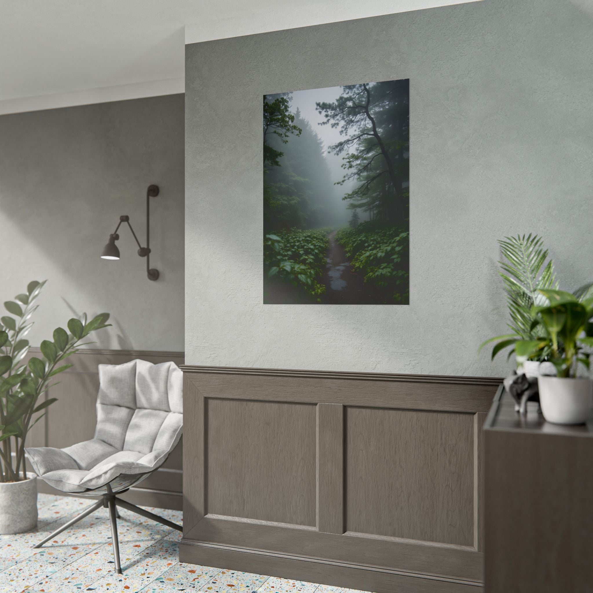 Muurdecoratie met een mistig bospad - Poster 