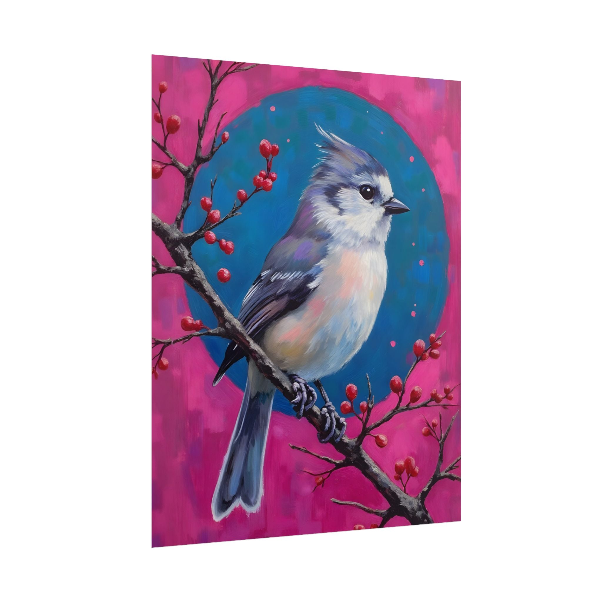 Kunstposter „Blauhäher“ – Lebendige Vogelillustration auf rosa-türkisfarbenem Hintergrund