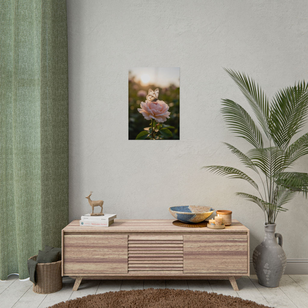 Muurposter met vlinder op roze roos 