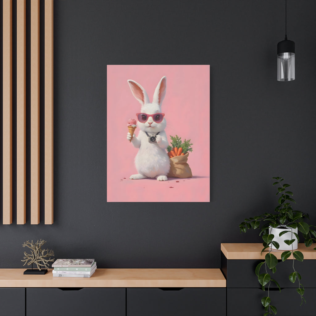Pink Cute Bunny Canvas Wall Art — Cool Rabbit with Sunglasses, Ice Cream & Carrots (Matte Stretched)