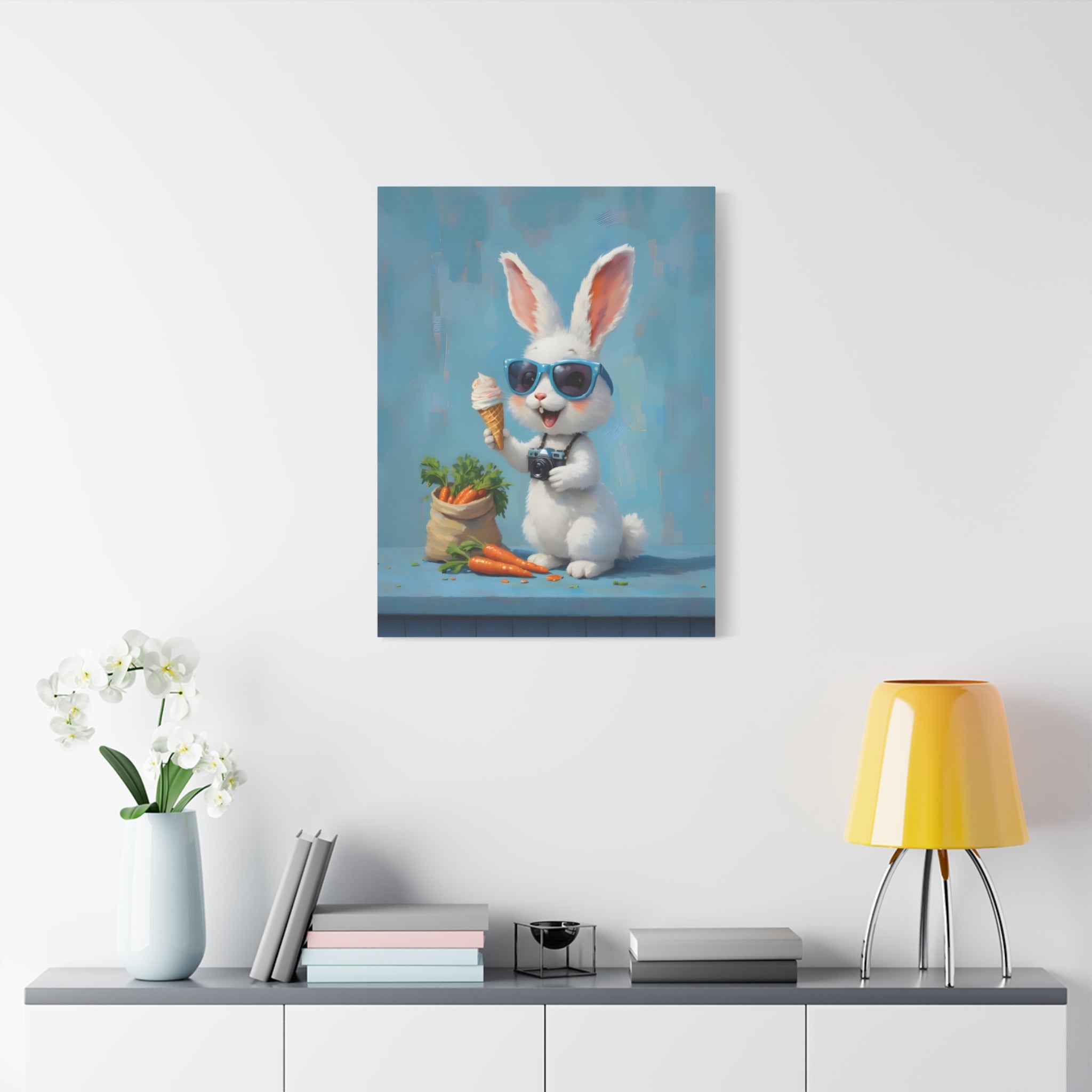 Blue Bunny Canvas Print — Cute Rabbit with Sunglasses & Ice Cream Matte Wall Art