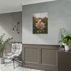 Muurposter met vlinder op roze roos 
