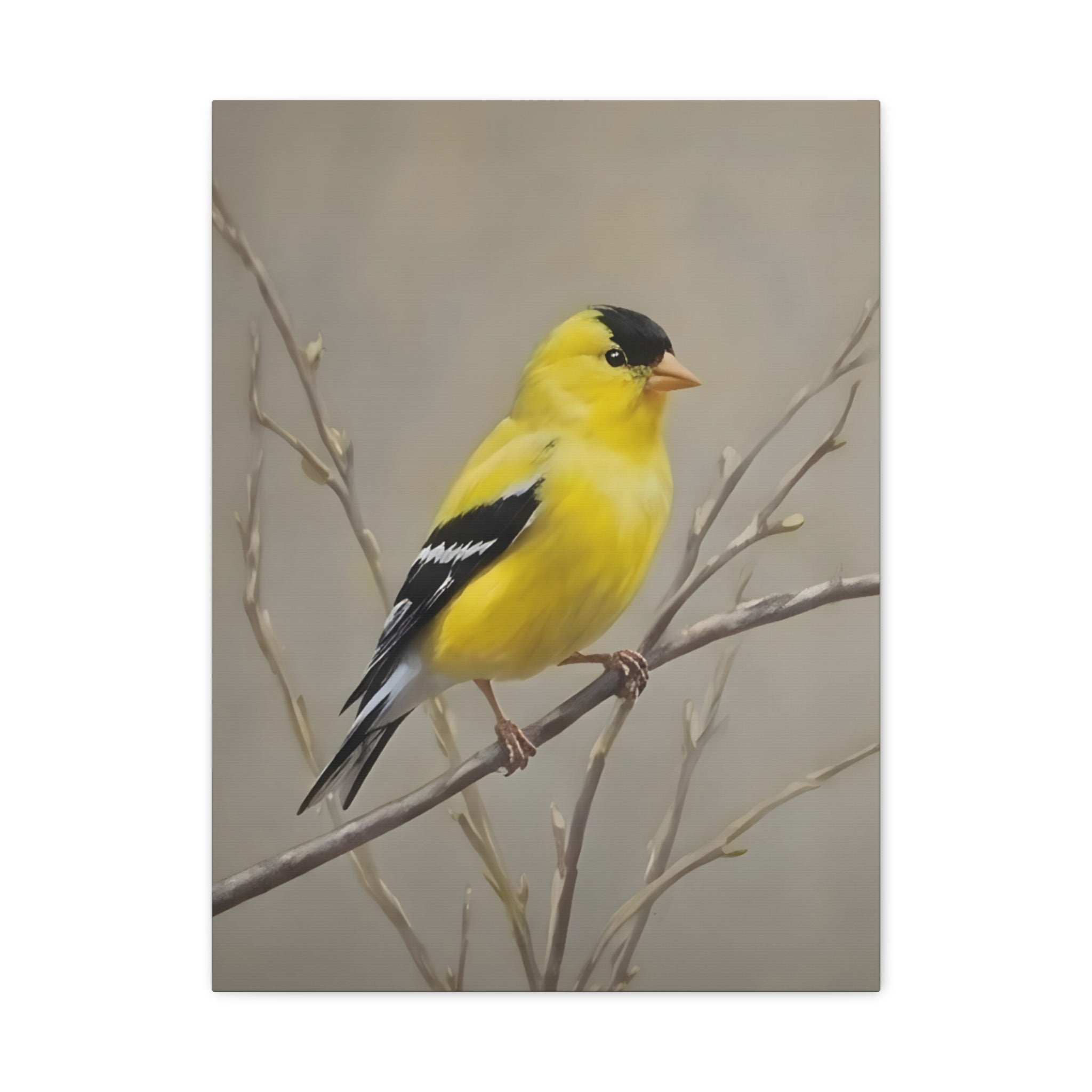 Goldfinch Wall Art Canvas — Yellow Songbird Painting on Branch, Matte Stretched Canvas
