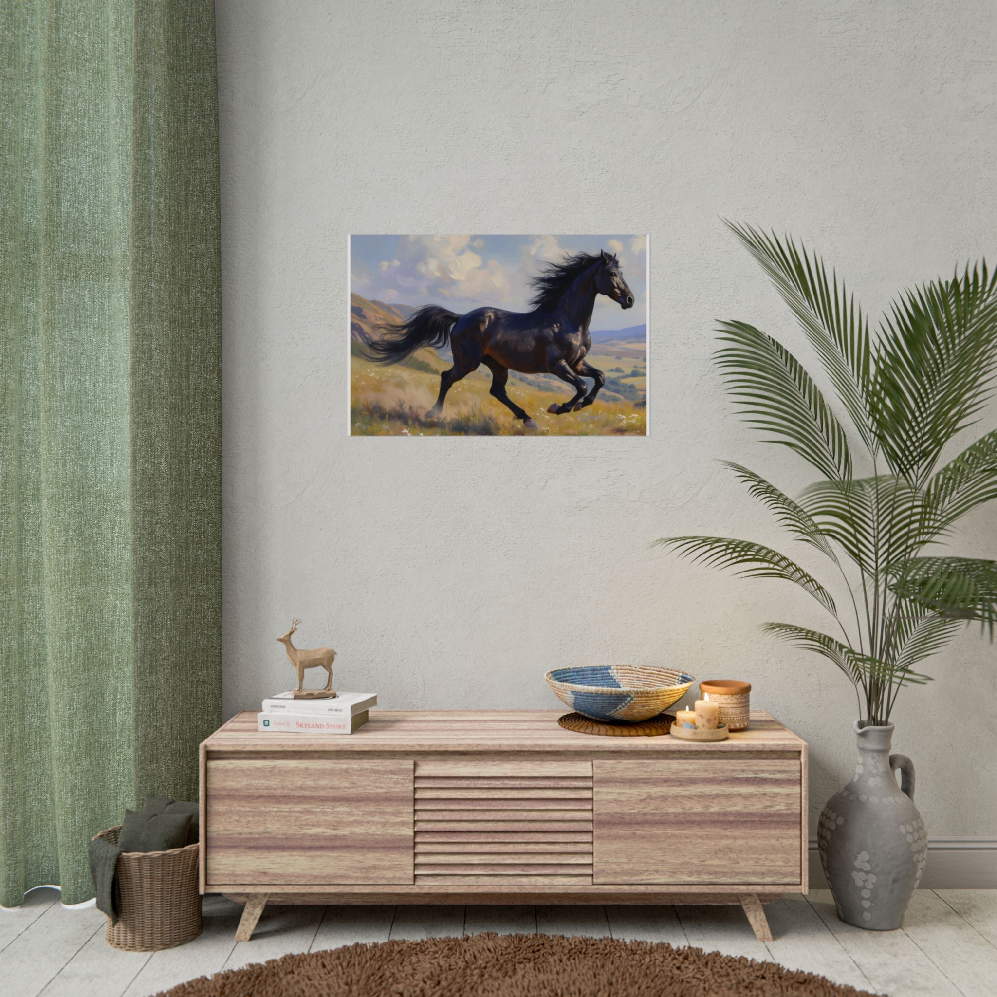 Muurdecoratie met rennende zwarte hengst - Paardenschilderij - Poster 