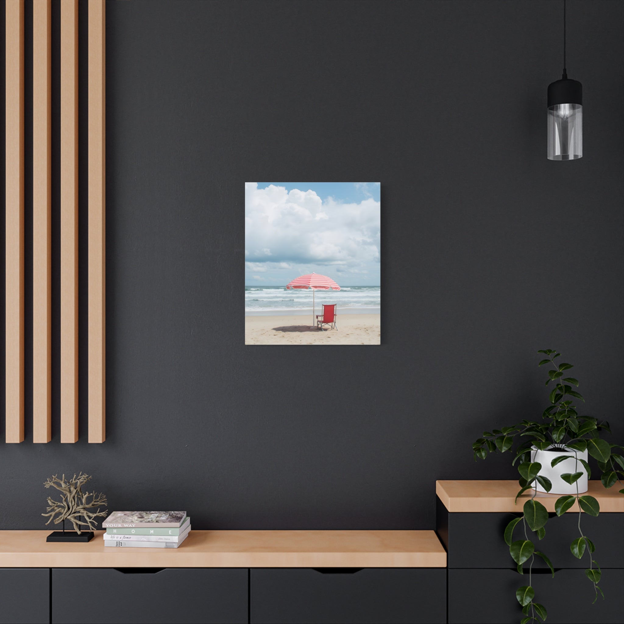 Sun-drenched beach memory with beach chair and umbrella Canvas Wall Art - Stretched Canvas