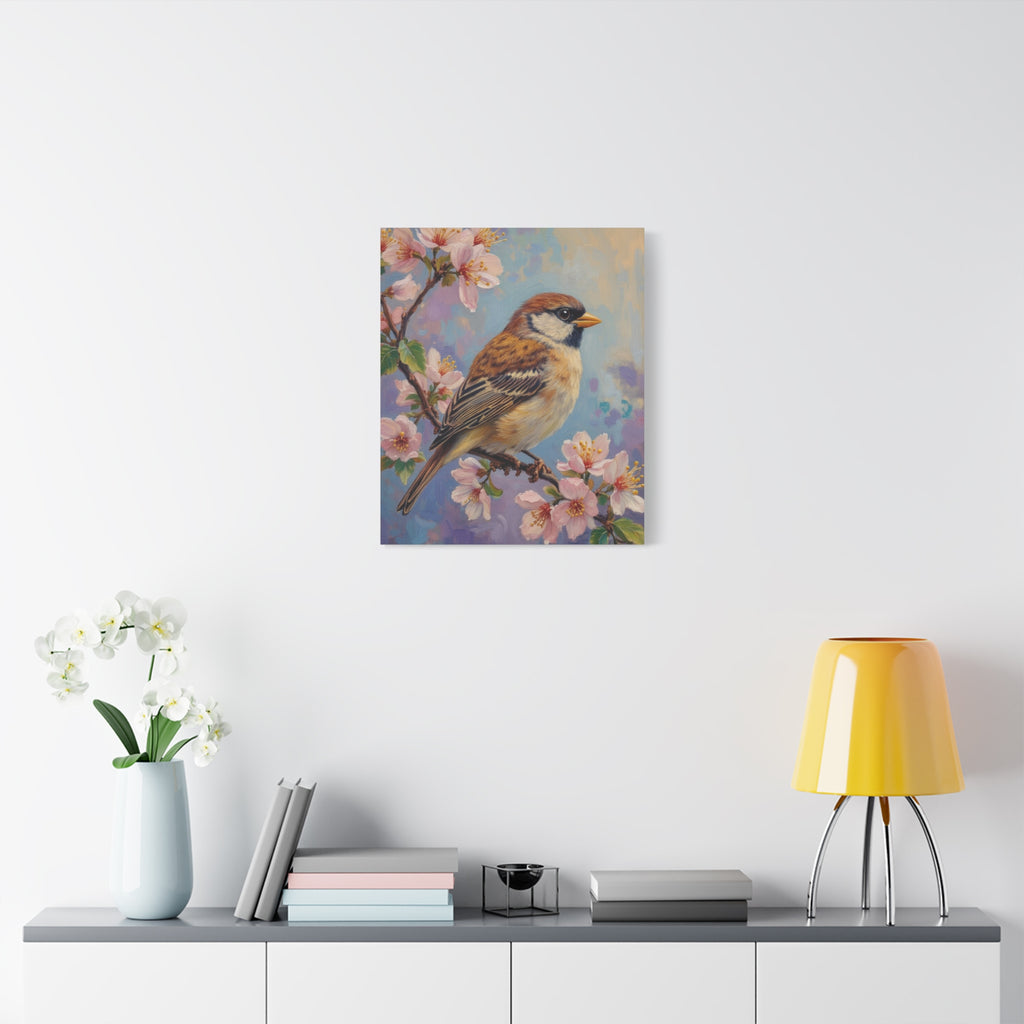 Sparrow on Cherry Blossoms Matte Stretched Canvas