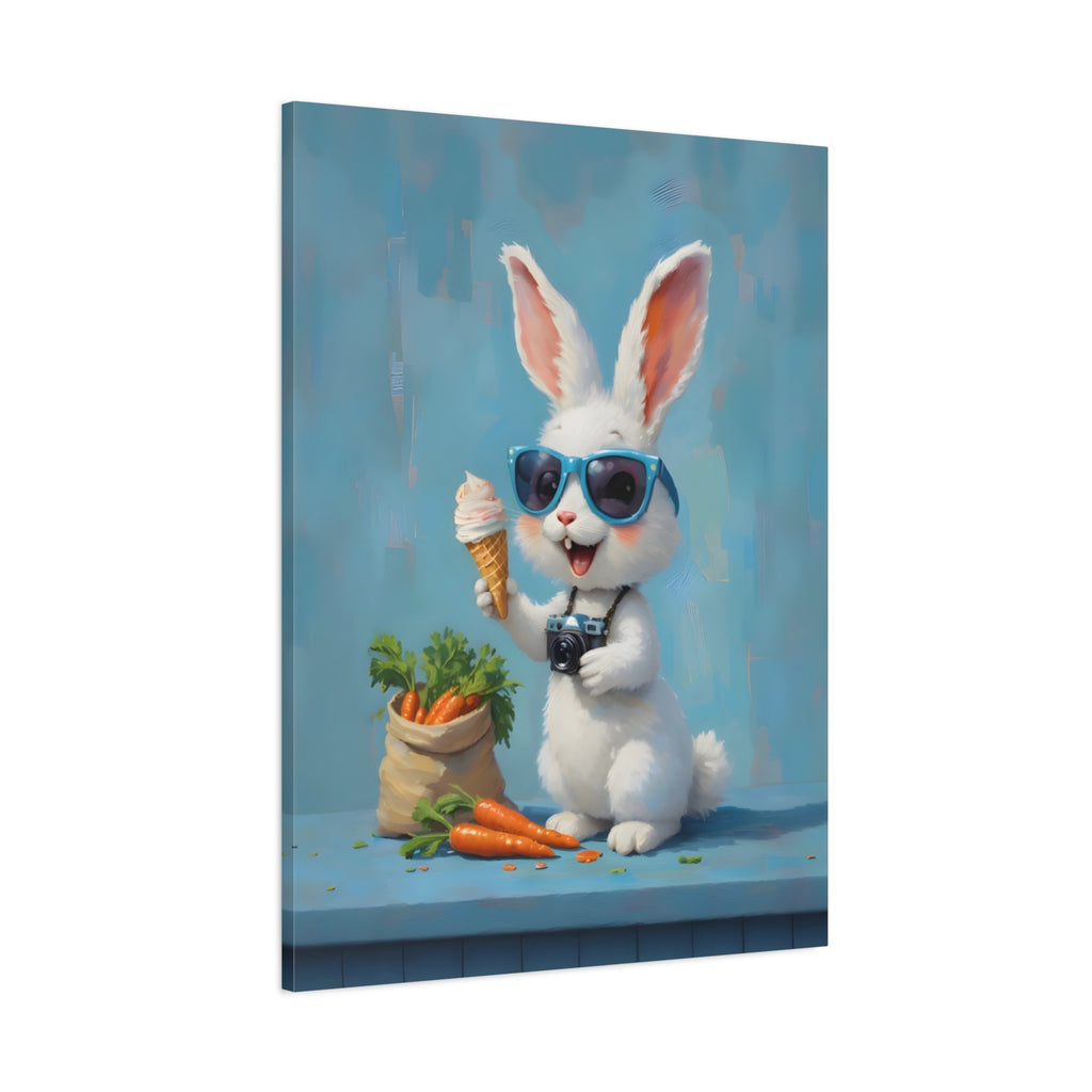 Blue Bunny Canvas Print — Cute Rabbit with Sunglasses & Ice Cream Matte Wall Art
