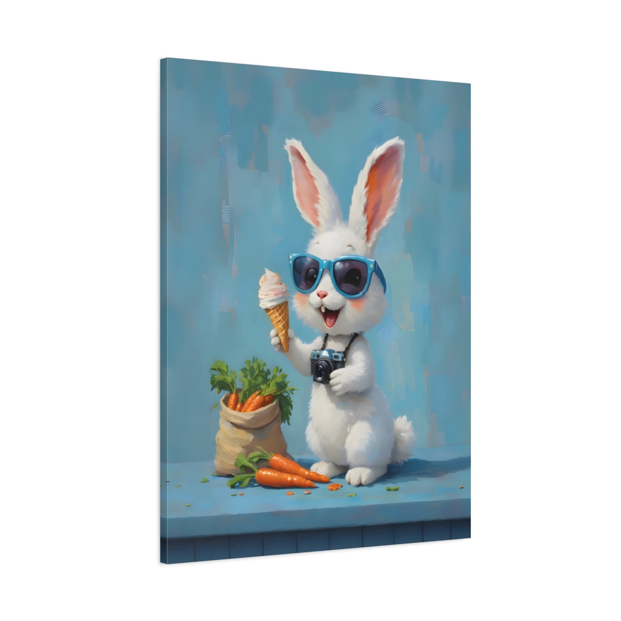 Blue Bunny Canvas Print — Cute Rabbit with Sunglasses & Ice Cream Matte Wall Art