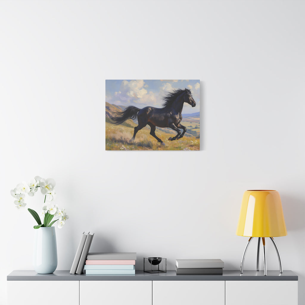 Muurdecoratie met een rennende zwarte hengst - Paardenschilderij - Gespannen canvas 