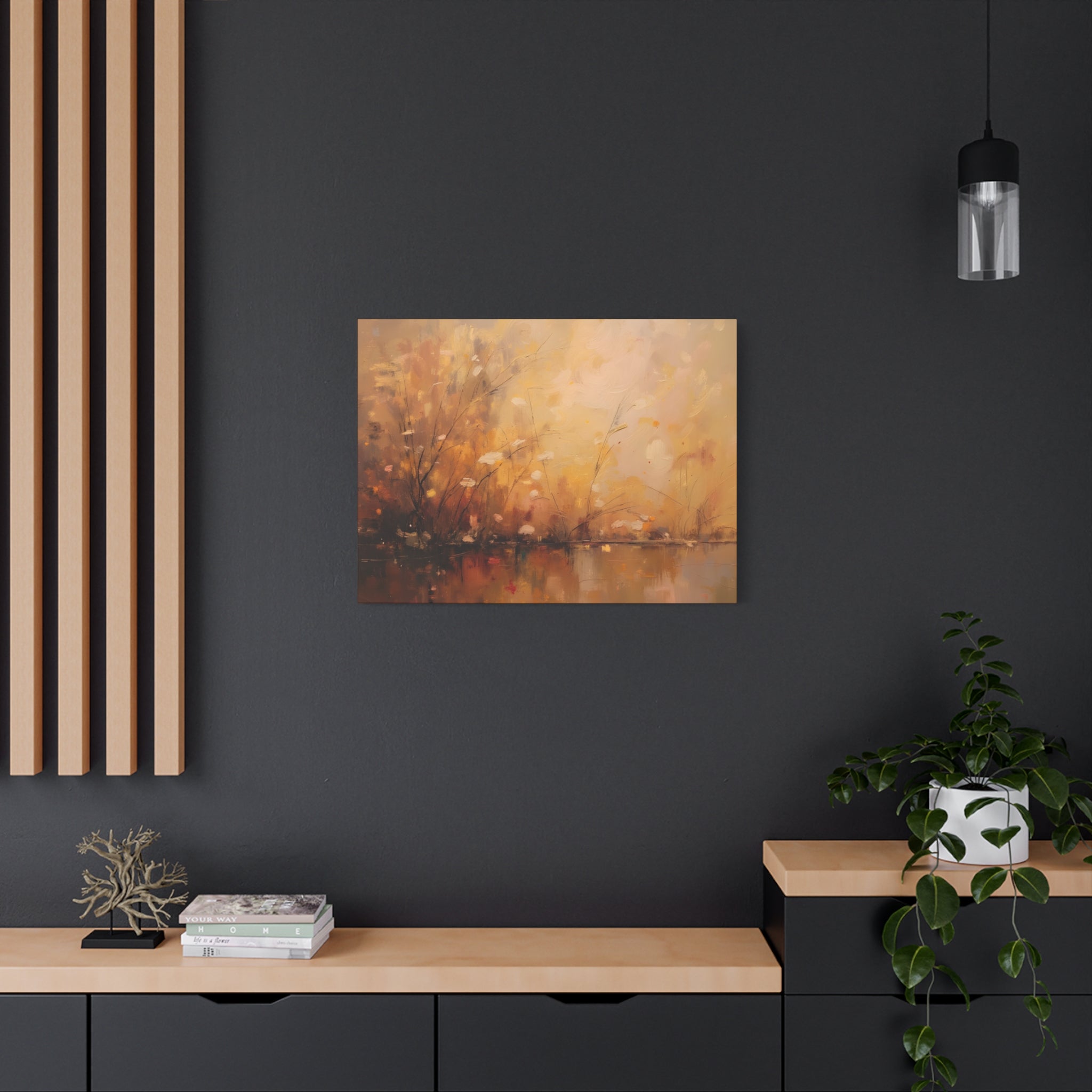 Abstracte muurdecoratie met gouden weidemotief - opgespannen canvas 