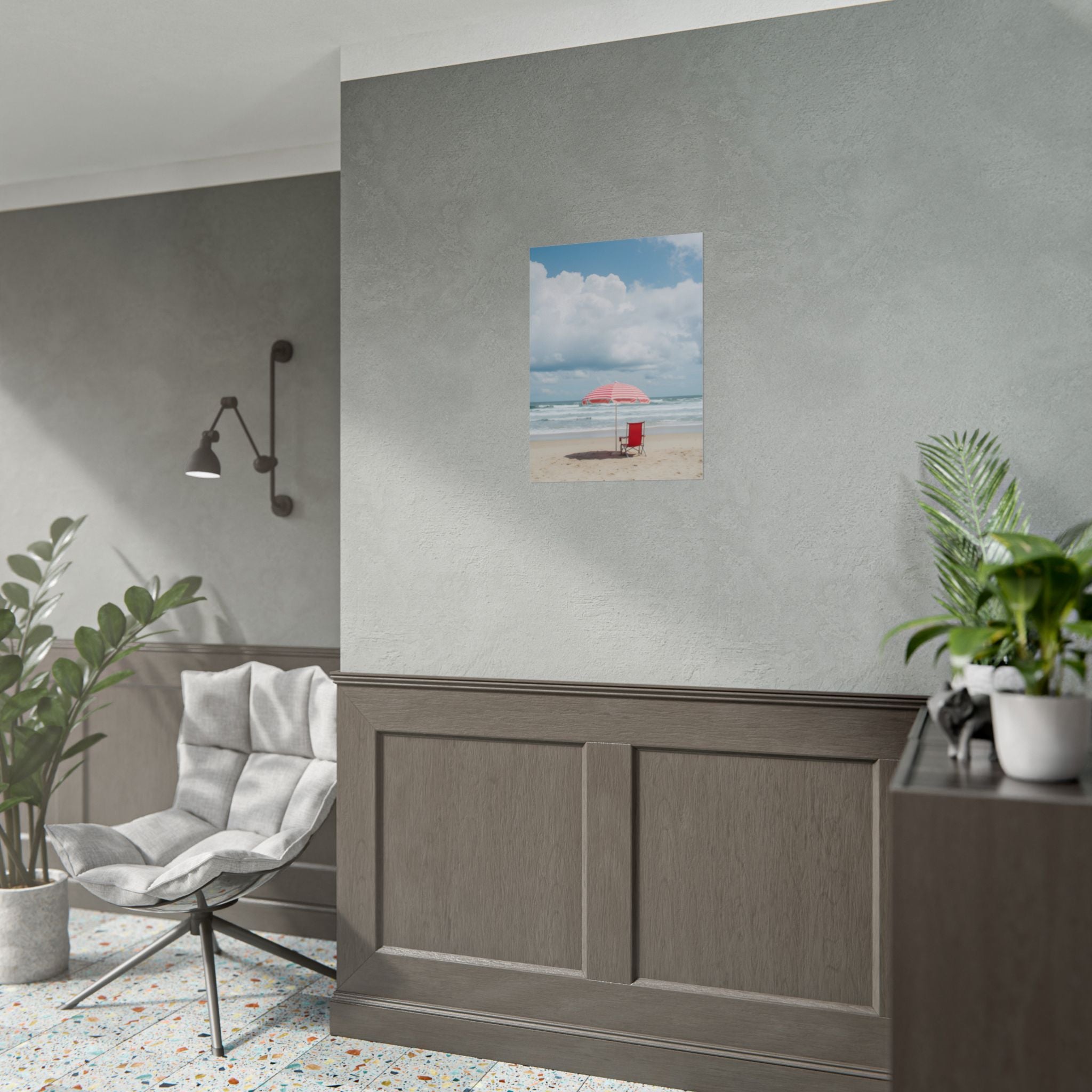 Sun-drenched beach memory with beach chair and umbrella - Poster