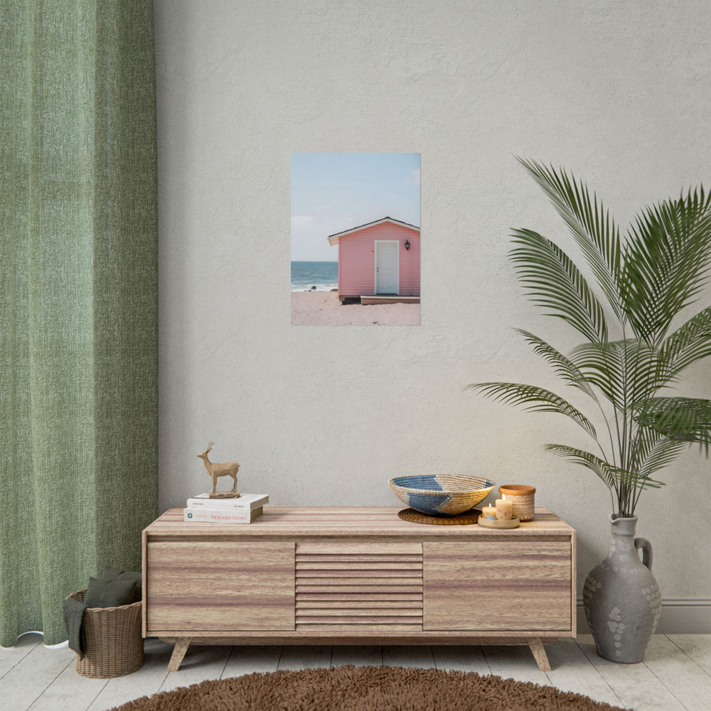 Roze strandhuisje als muurdecoratie - Poster 
